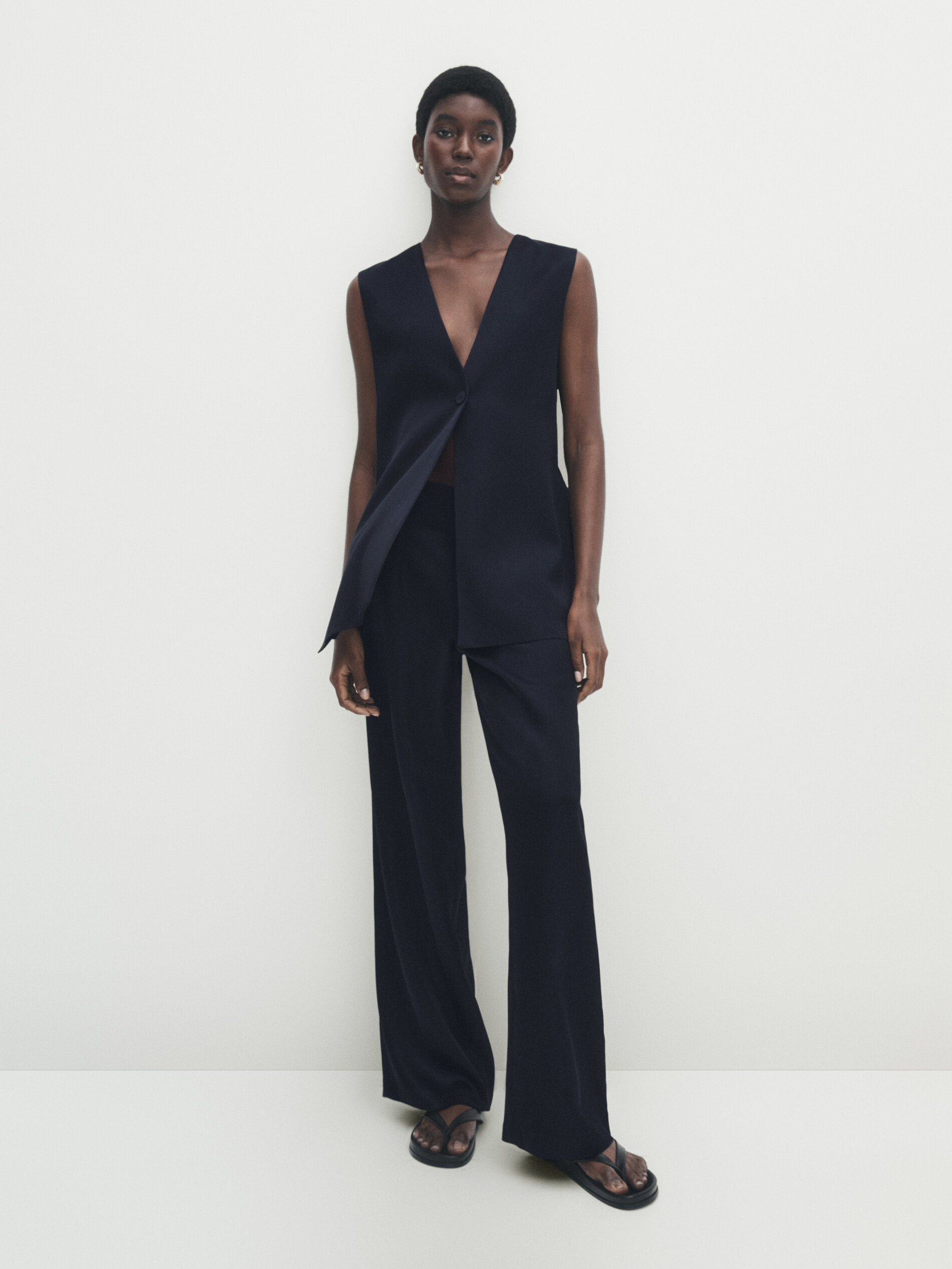 Pantalón satinado recto azul marino - AZUL MARINO