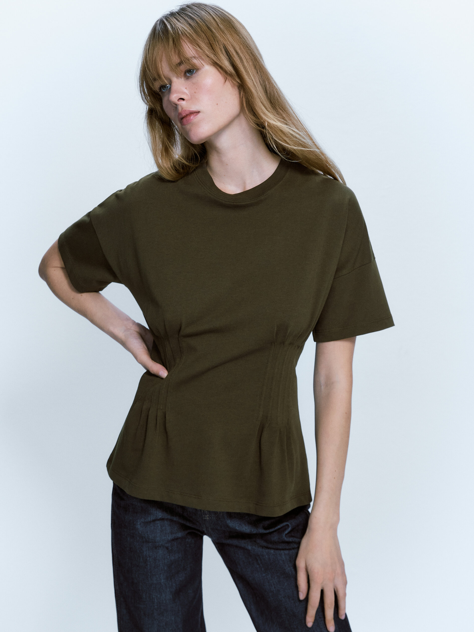 Camiseta algodón frunce cintura - KAKI MEDIO