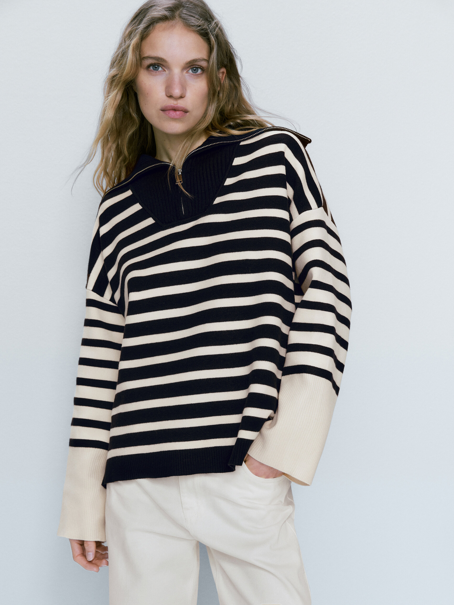Jersey rayas contraste cuello cremallera - AZUL MARINO