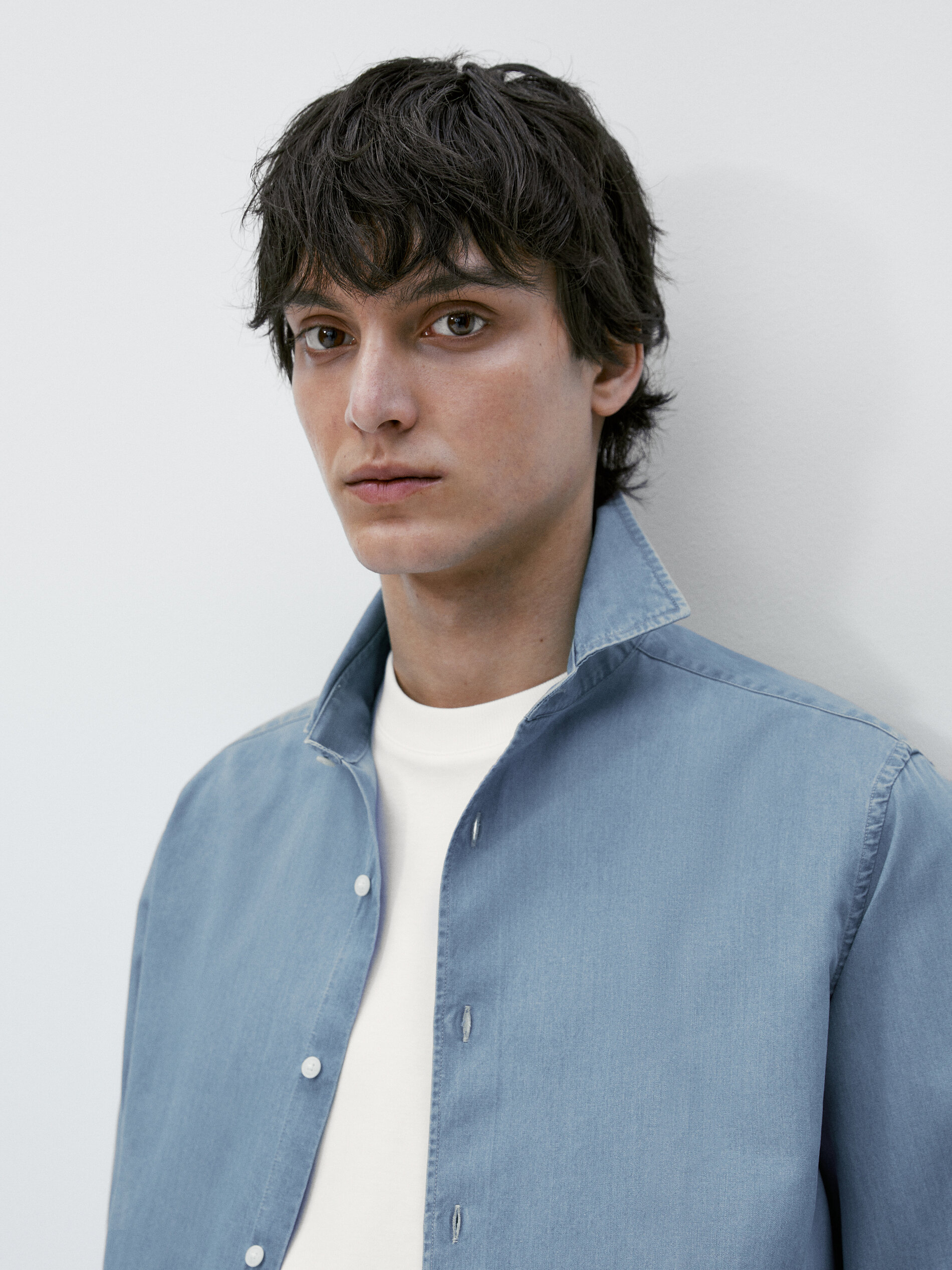 Camisa denim bleach wash slim fit - Azul Claro