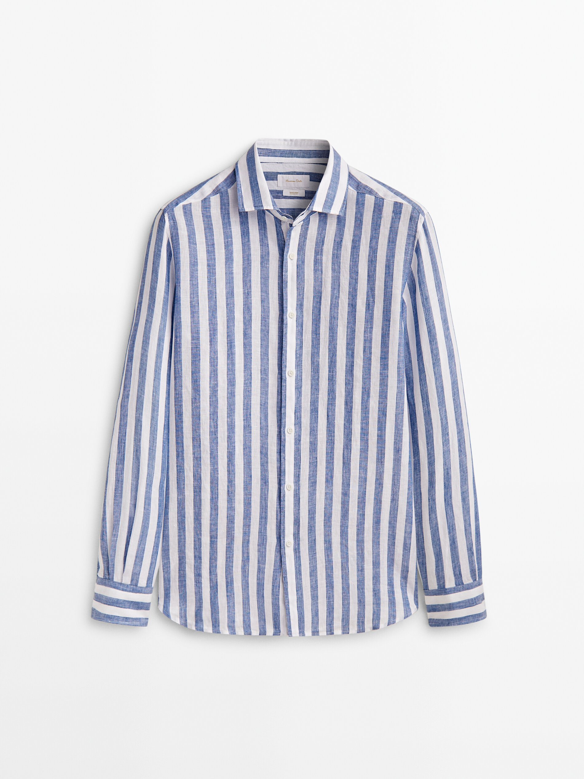 Camisa rayas anchas 100% lino slim fit - AZUL MARINO