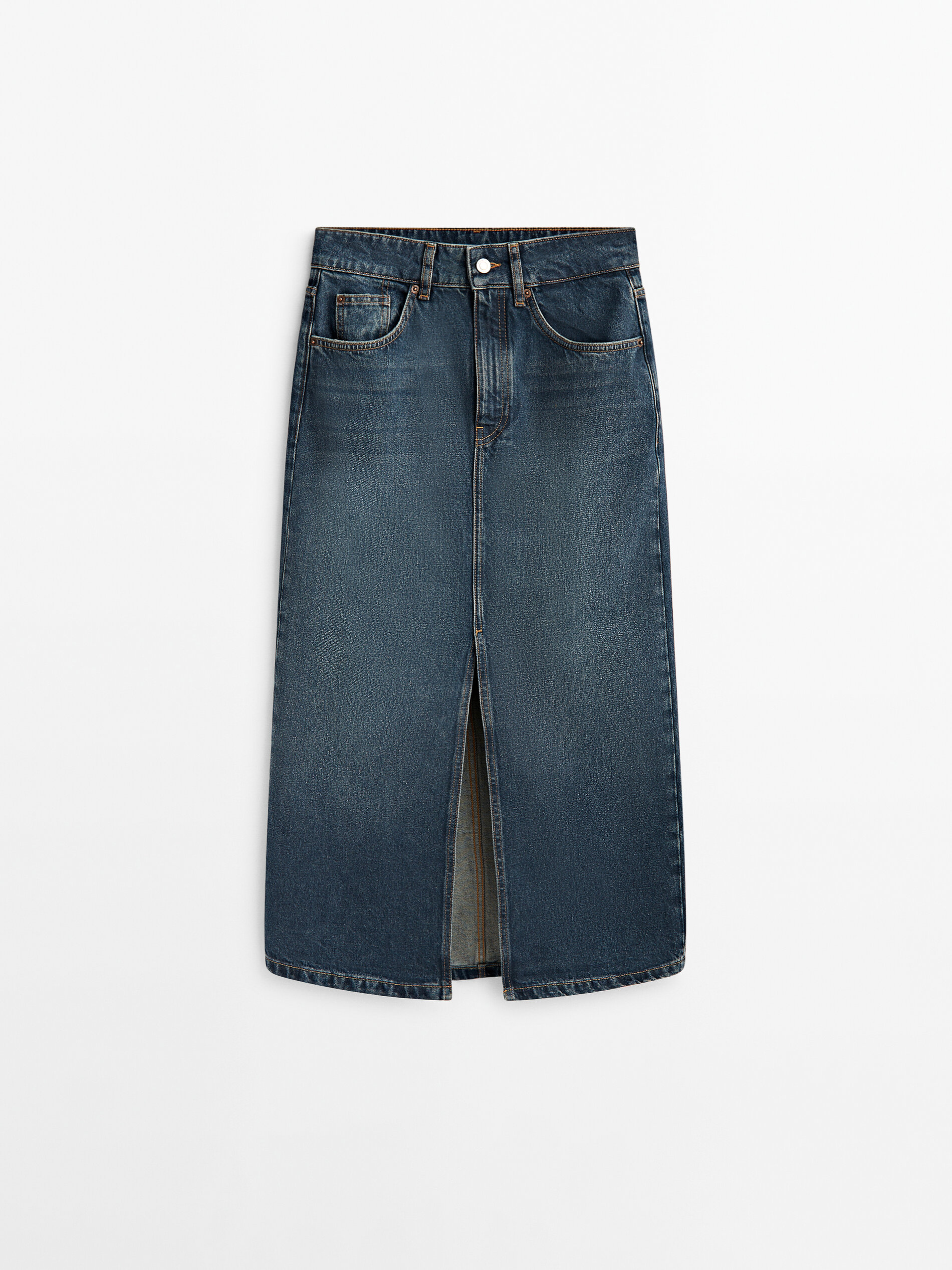 Falda denim tiro alto efecto lavado - AZUL MEDIO