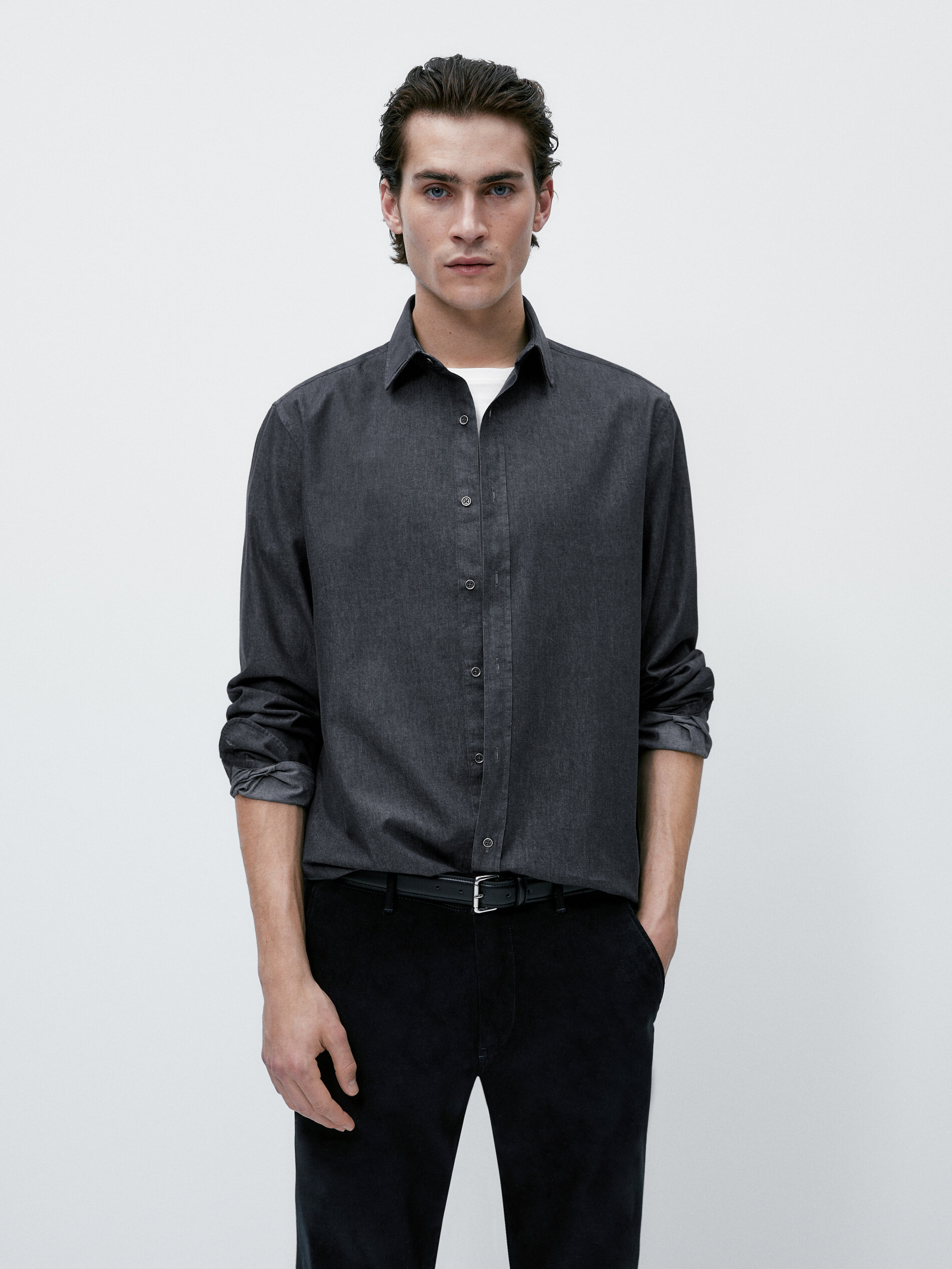 Camisa denim lavado algodón regular fit - AZUL MARINO