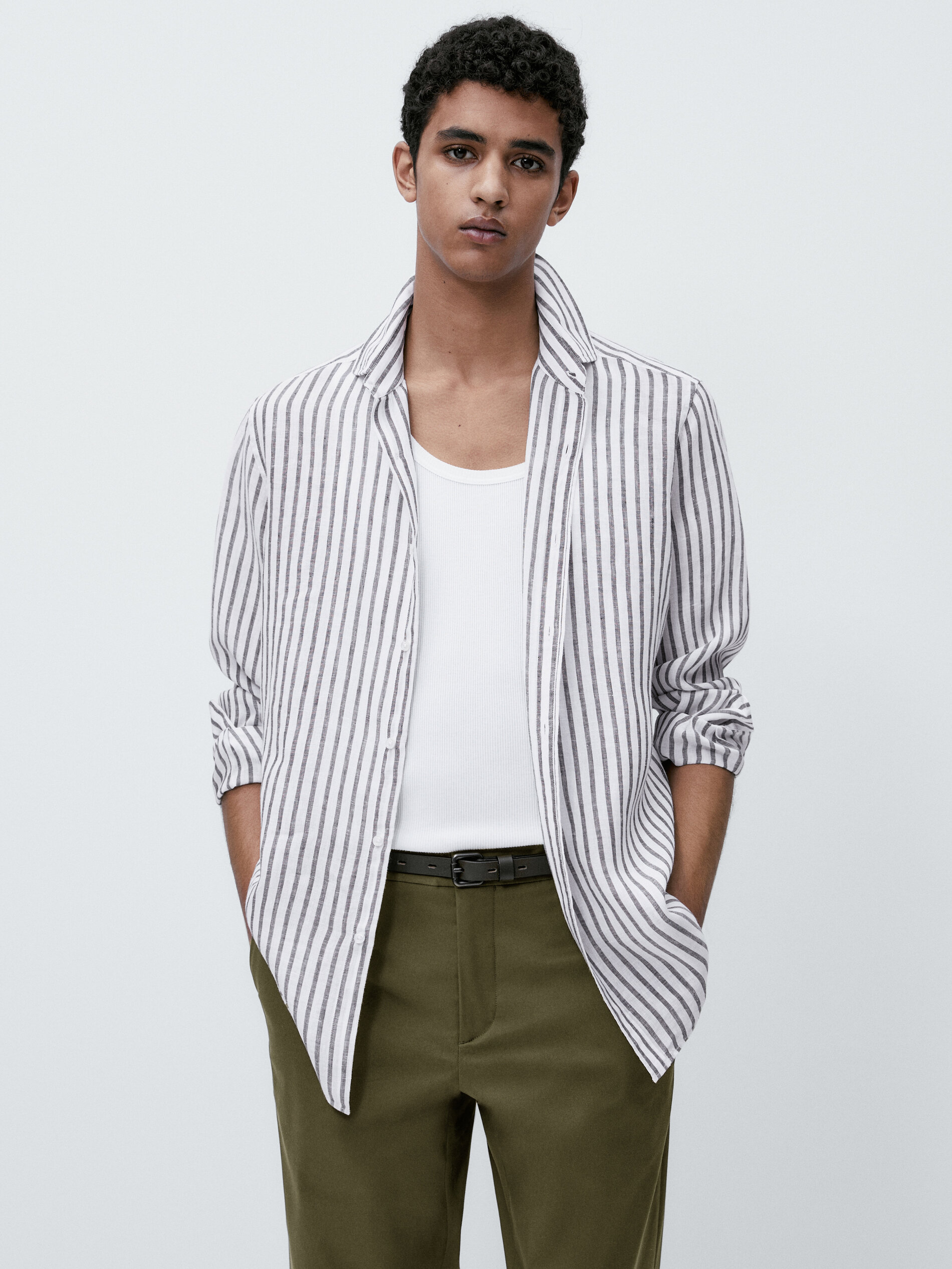 Camisa rayas 100% lino slim fit - VERDE