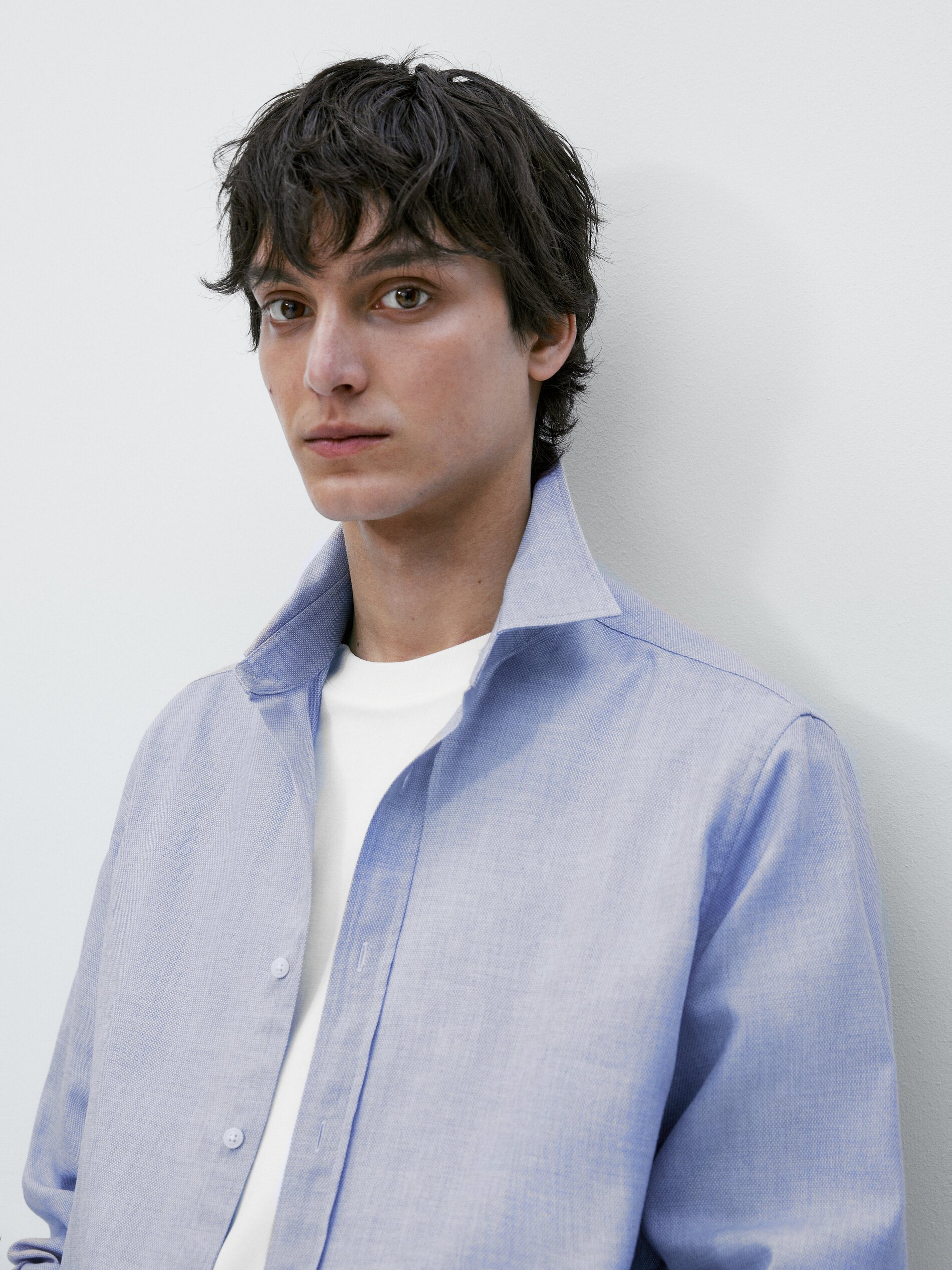 Camisa melange algodón slim fit - CELESTE