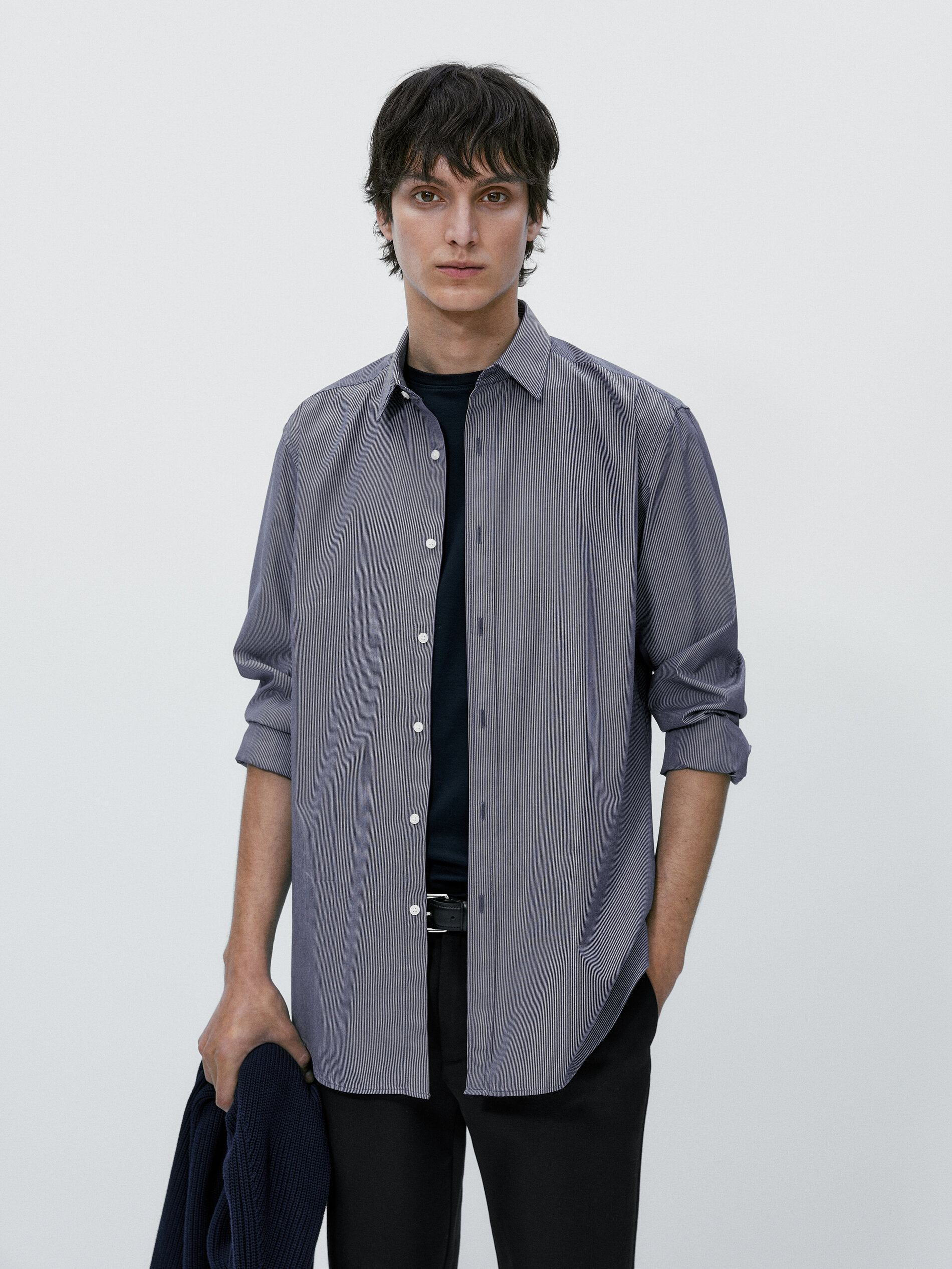 Camisa popelín algodón rayas slim fit - AZUL MARINO