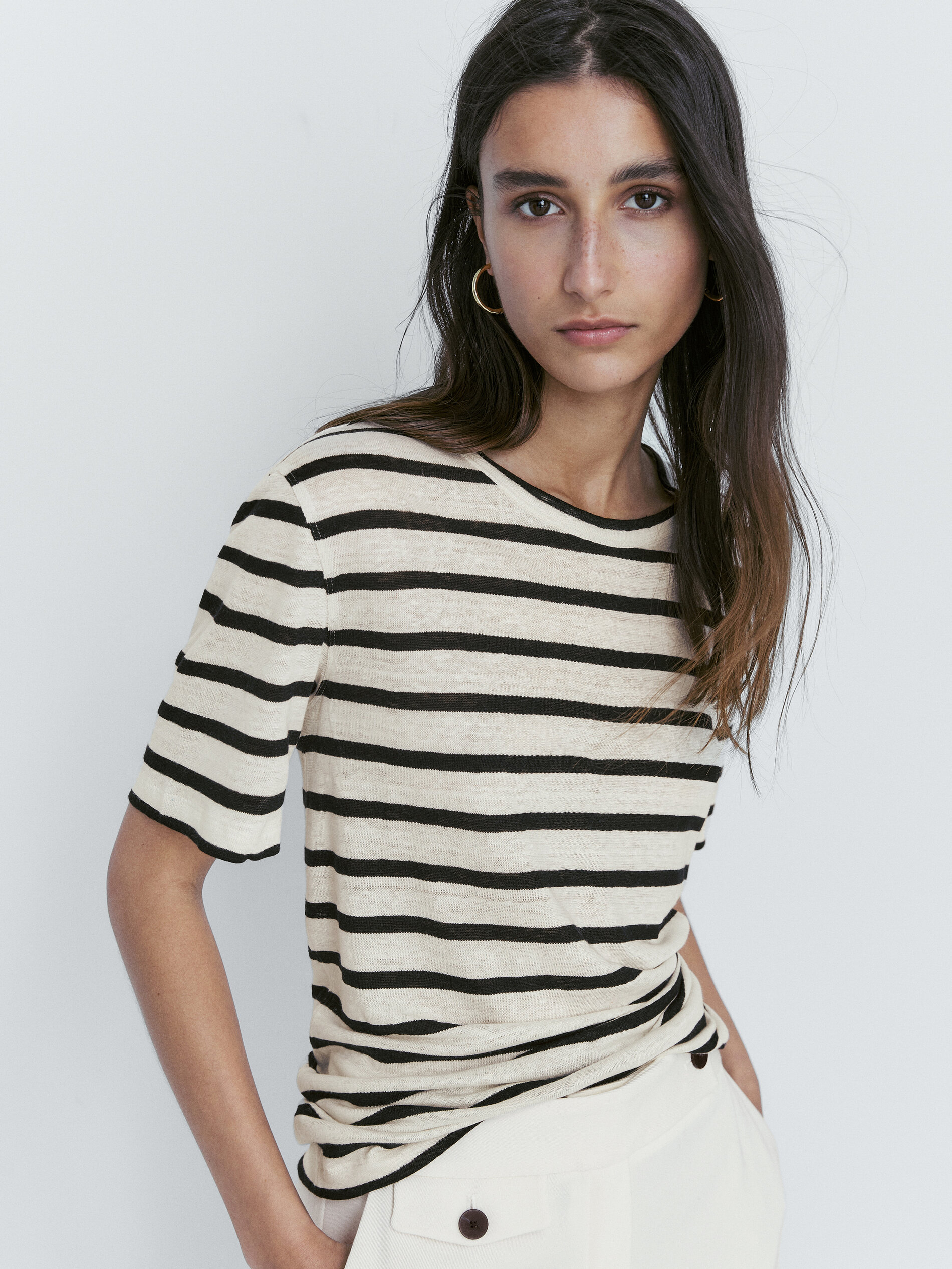 Camiseta rayas lino manga corta - CRUDO