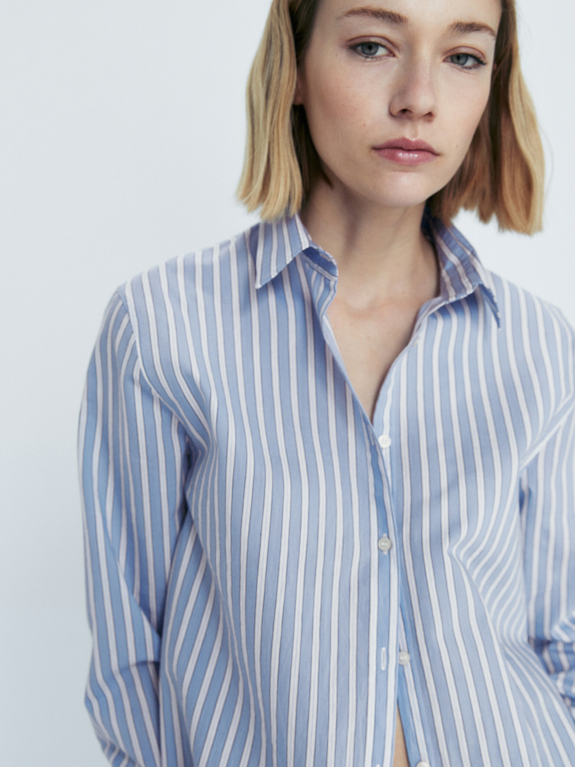 Camisa mezcla algodón doble raya - CELESTE