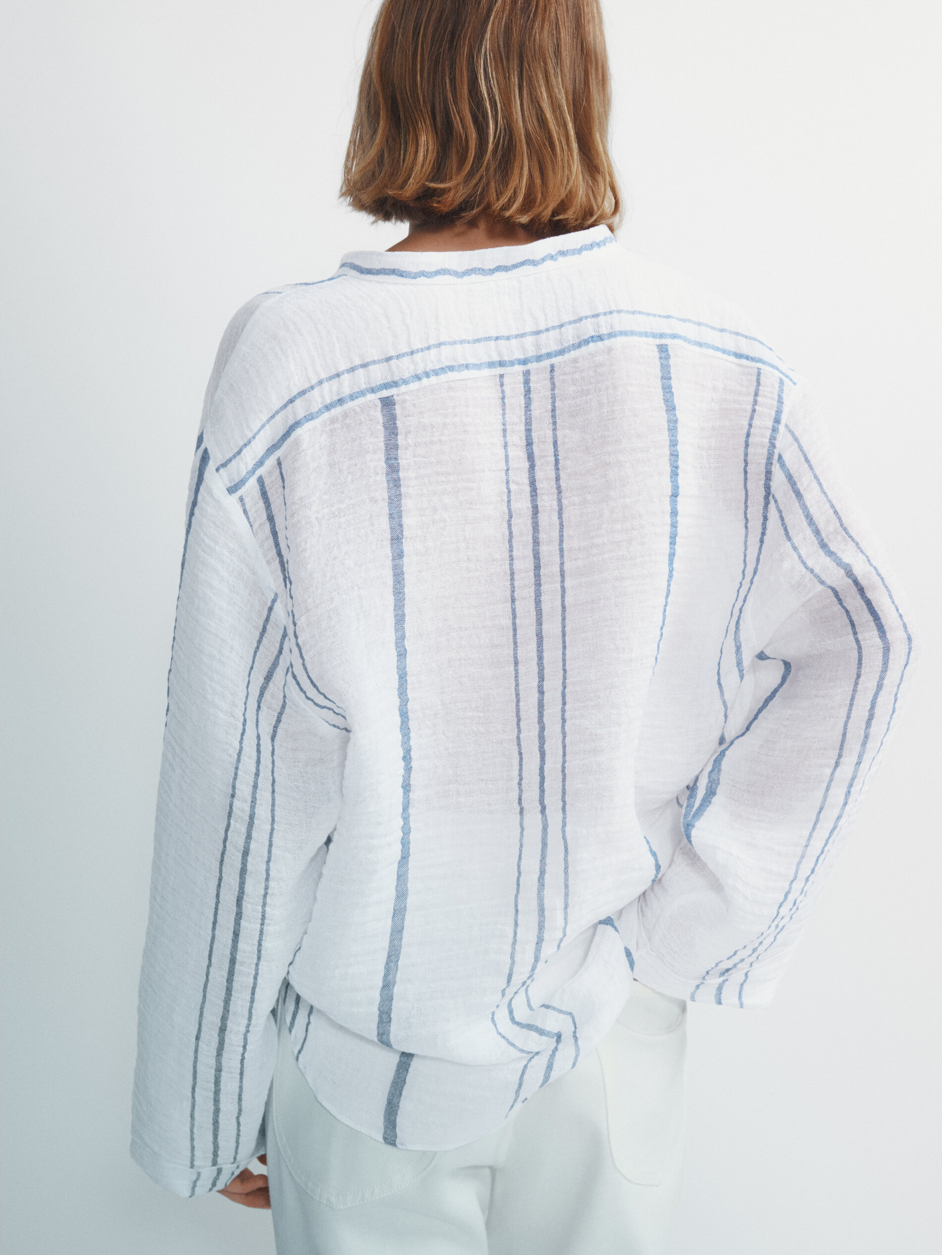 Camisa rayas mezcla lino gofrado - BLANCO