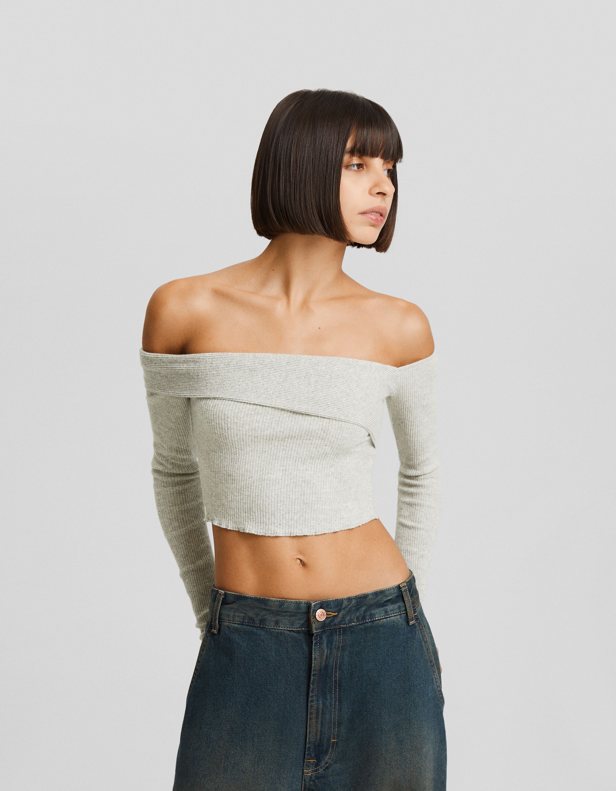 Camiseta manga larga bardot punto asimétrica