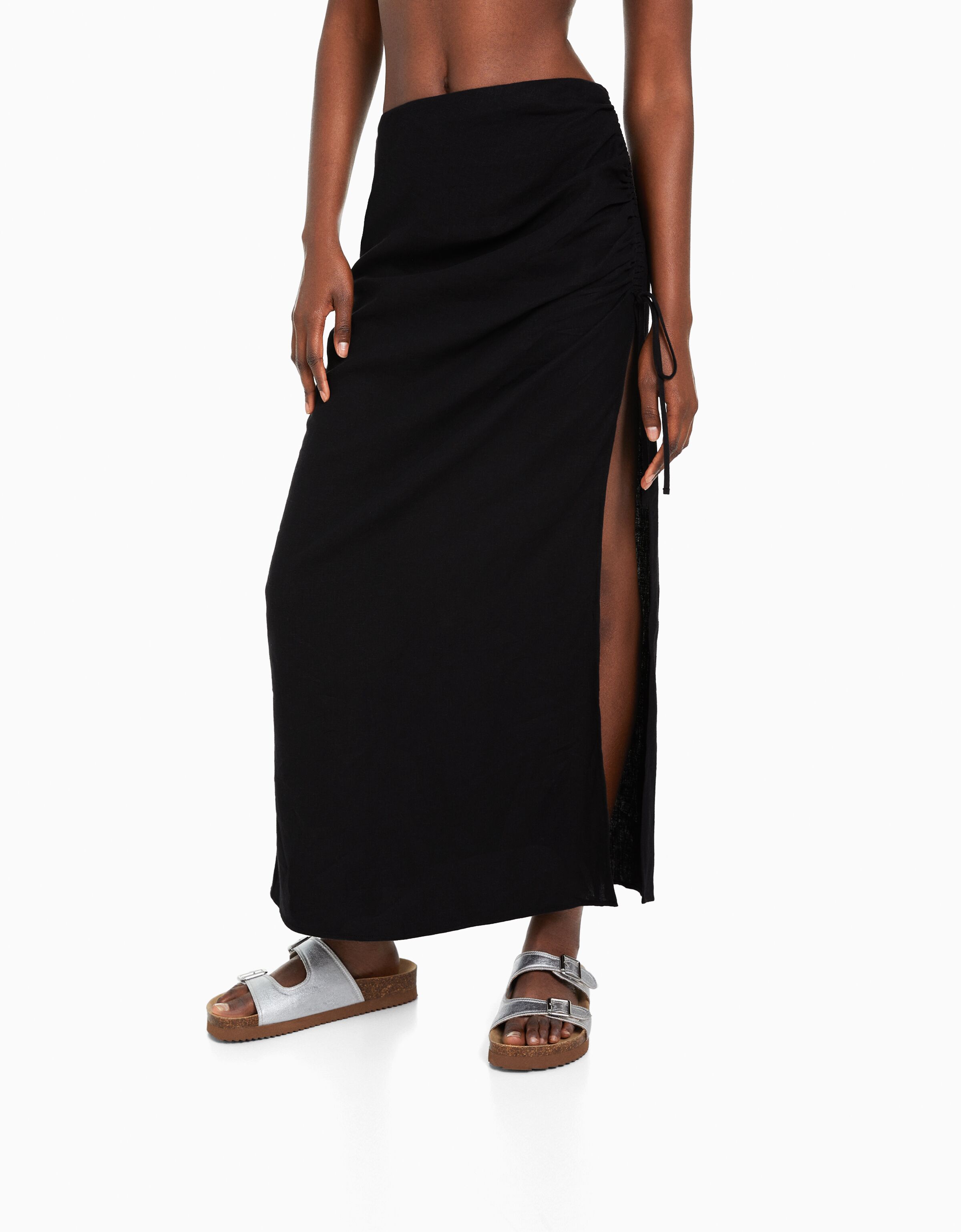 Falda midi con lino frunce