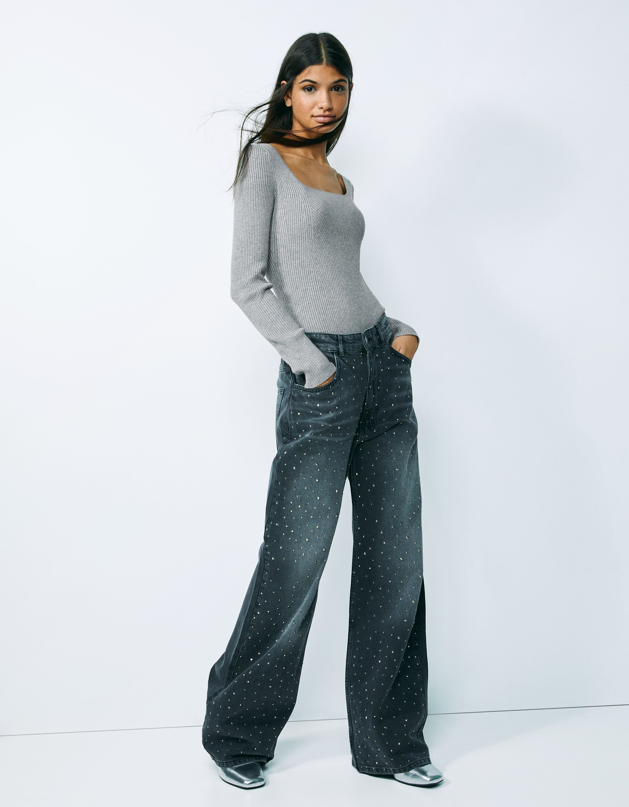 Body manga larga punto escote cuadrado