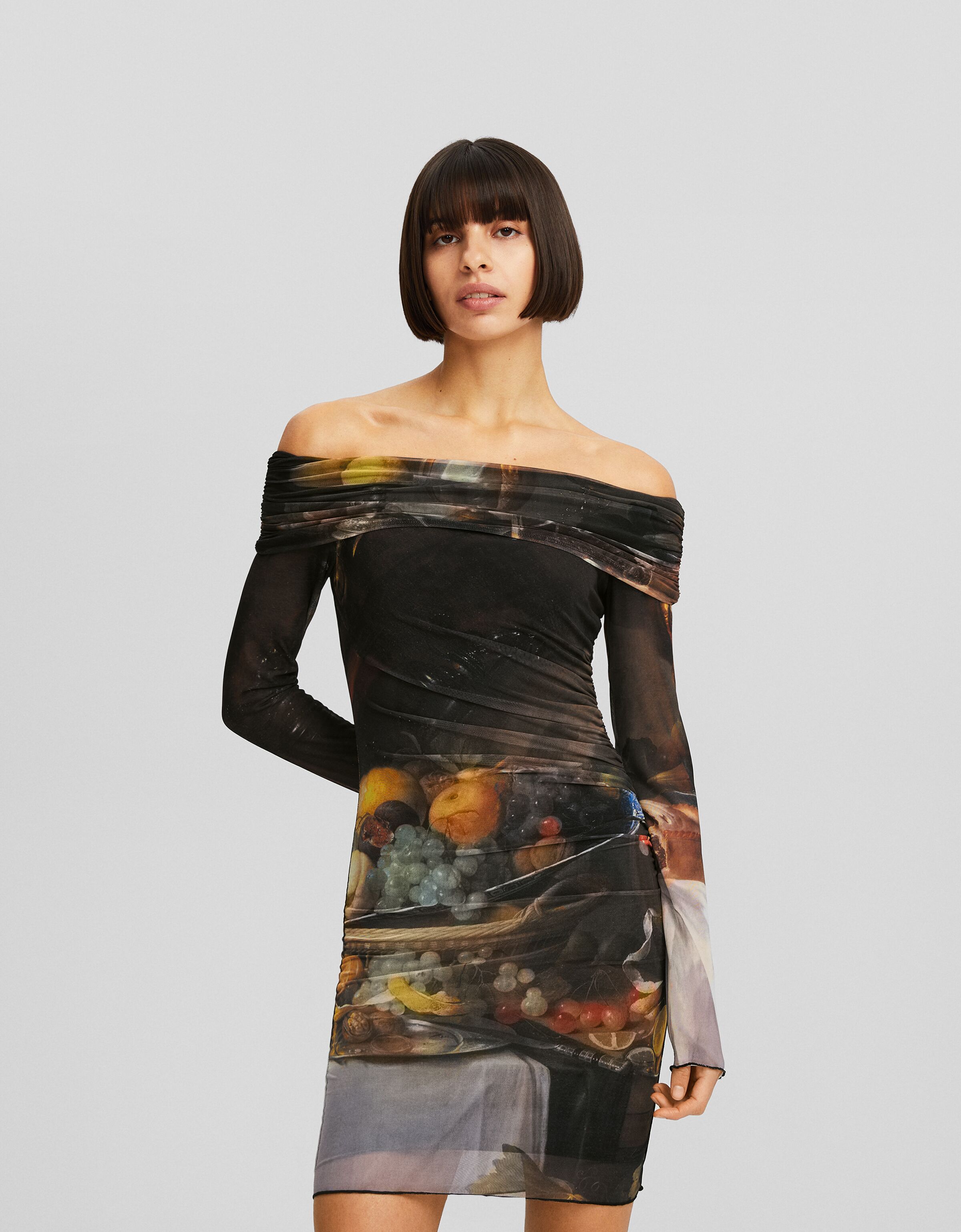 Vestido Jan Davidszoon de Heem mini manga larga bardot tul print