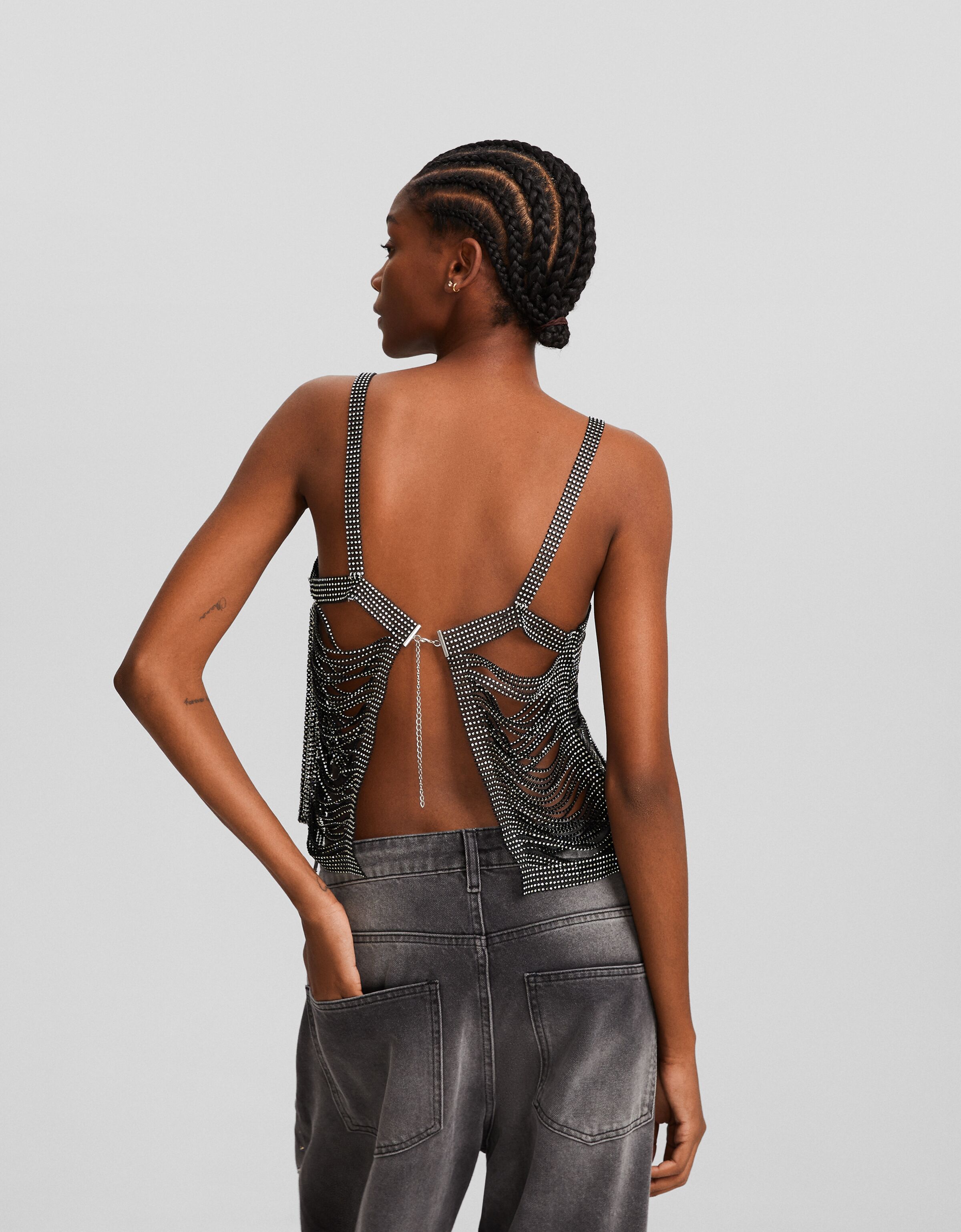 Top cropped tirantes strass