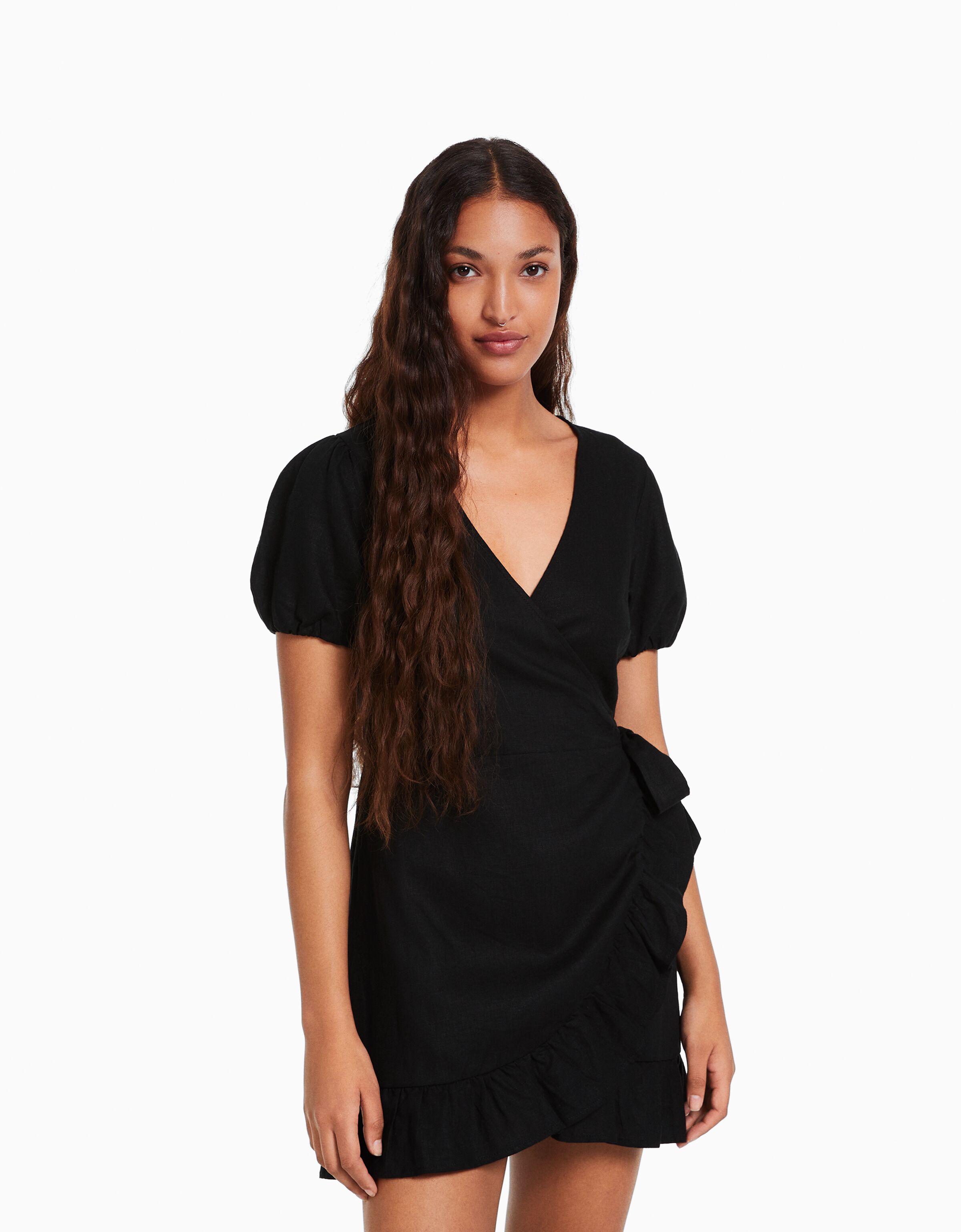 Vestido mini manga corta lino volantes