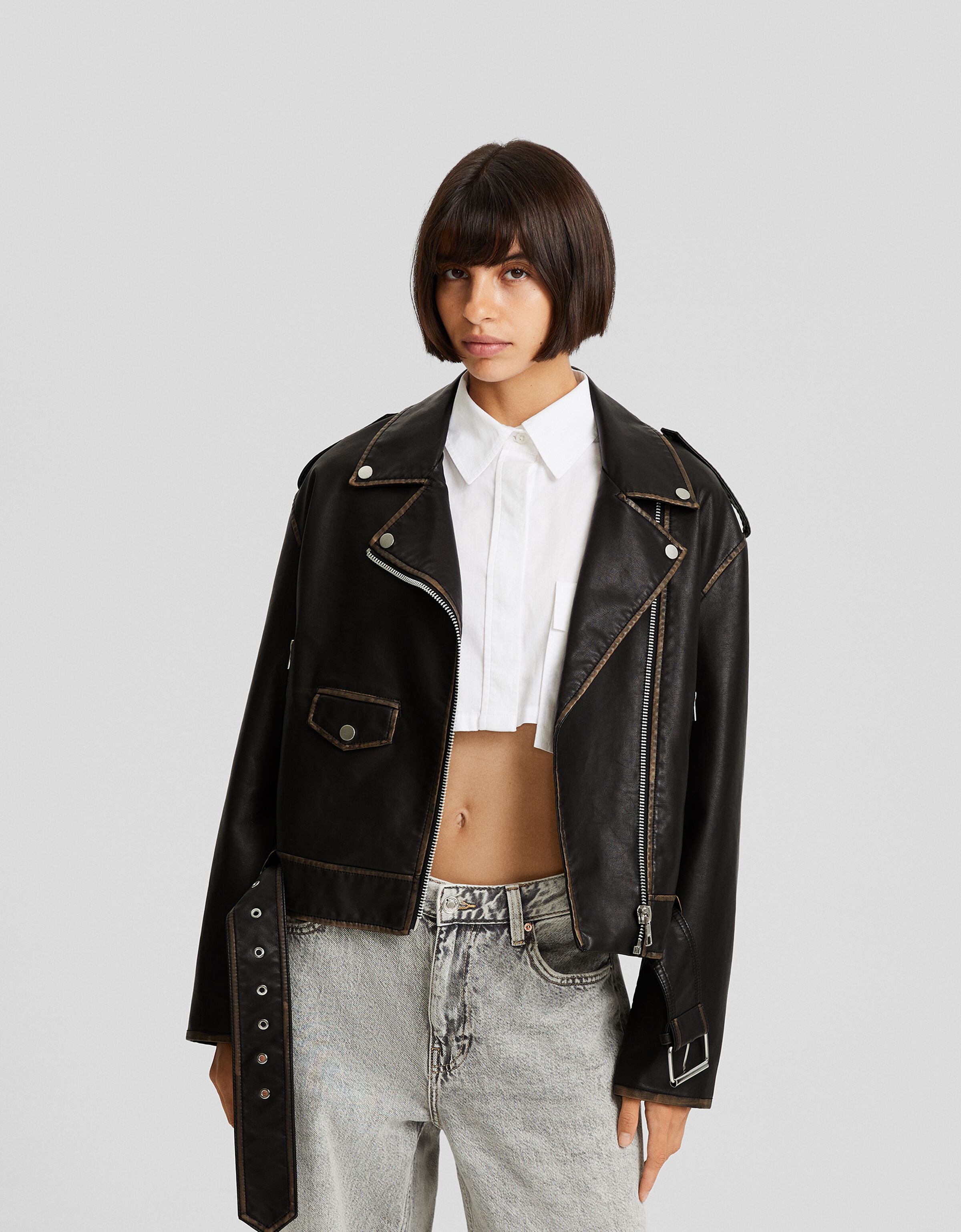 Cazadora biker efecto piel desgastada