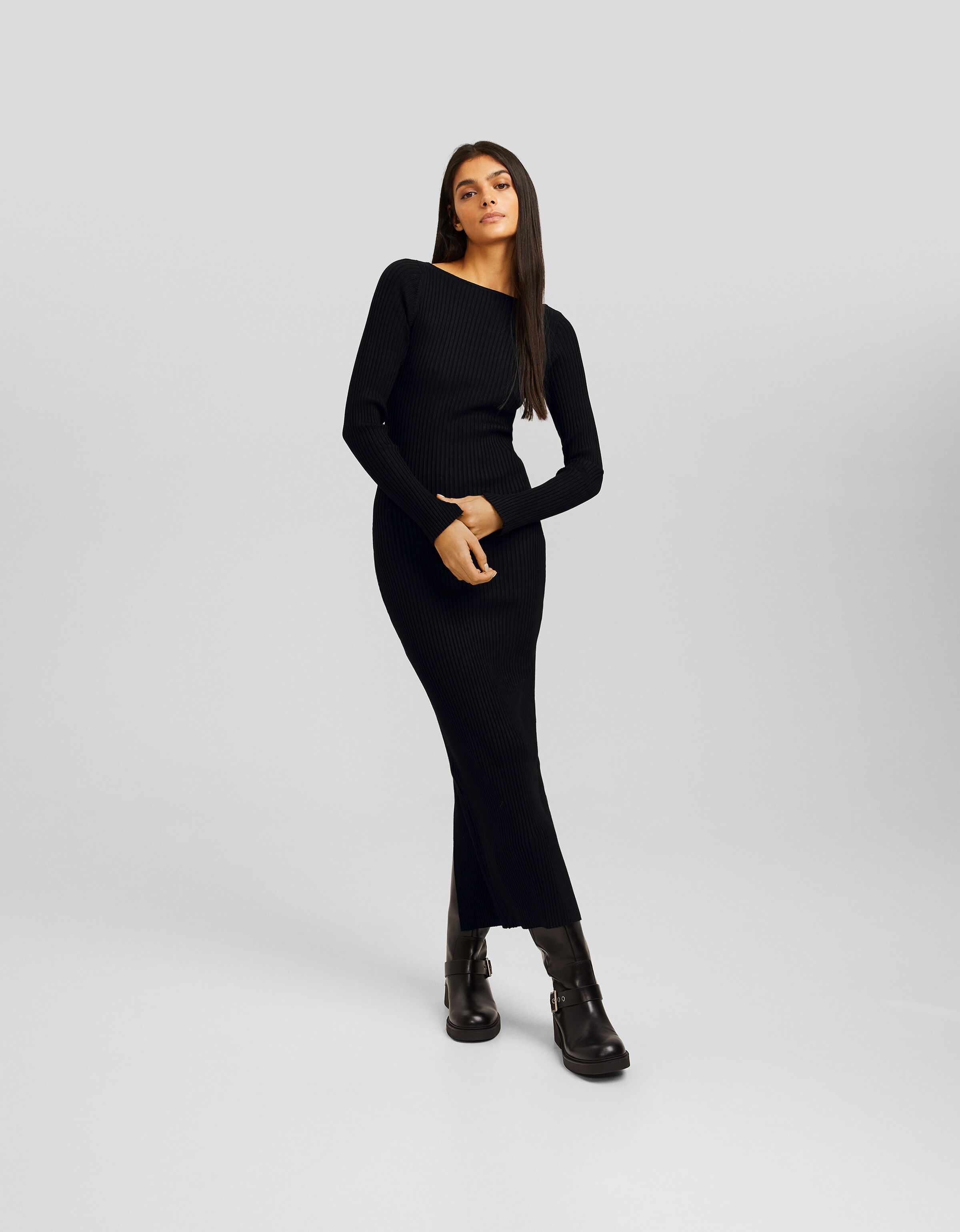 Vestido midi manga larga punto rib