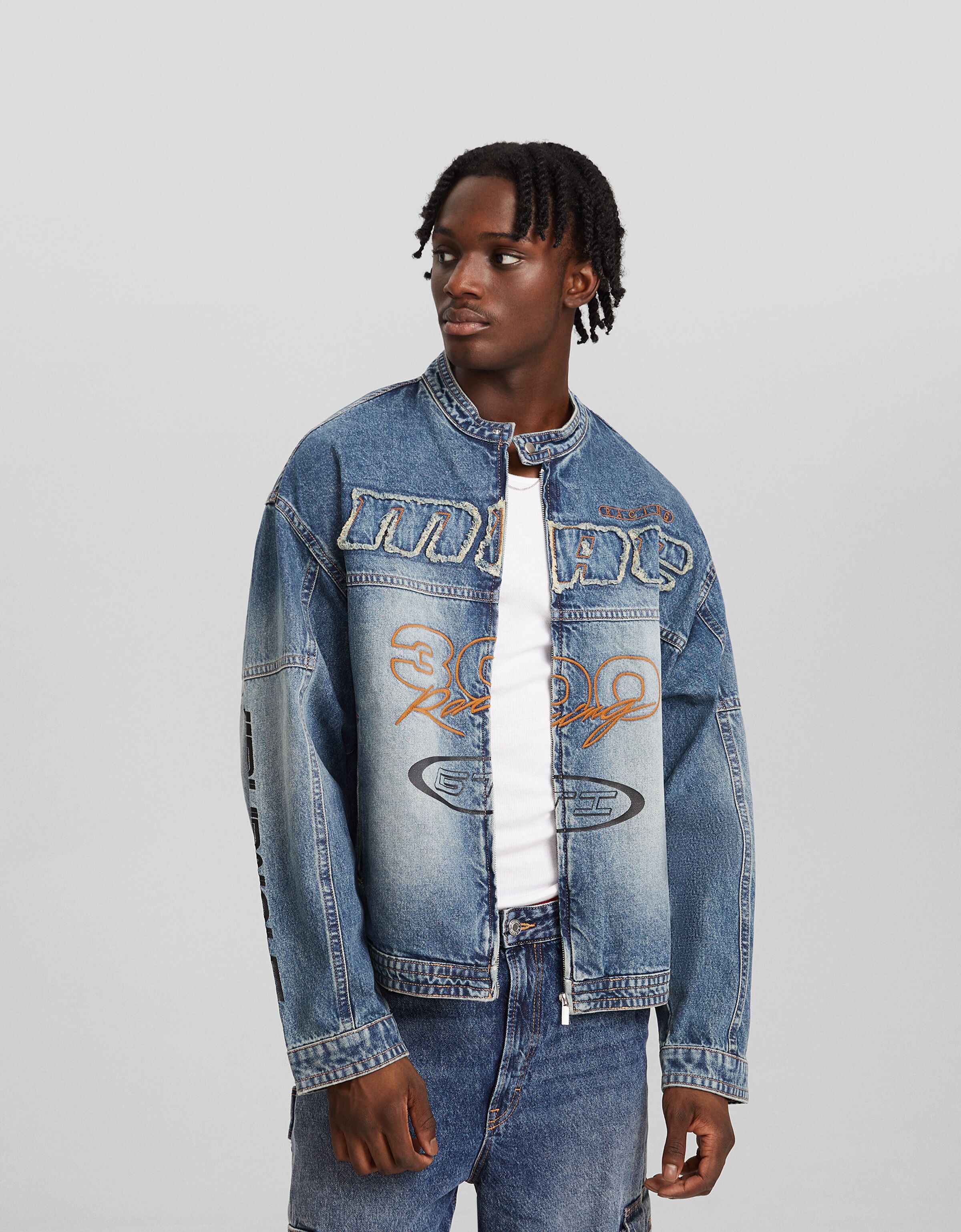 Cazadora denim biker racing print