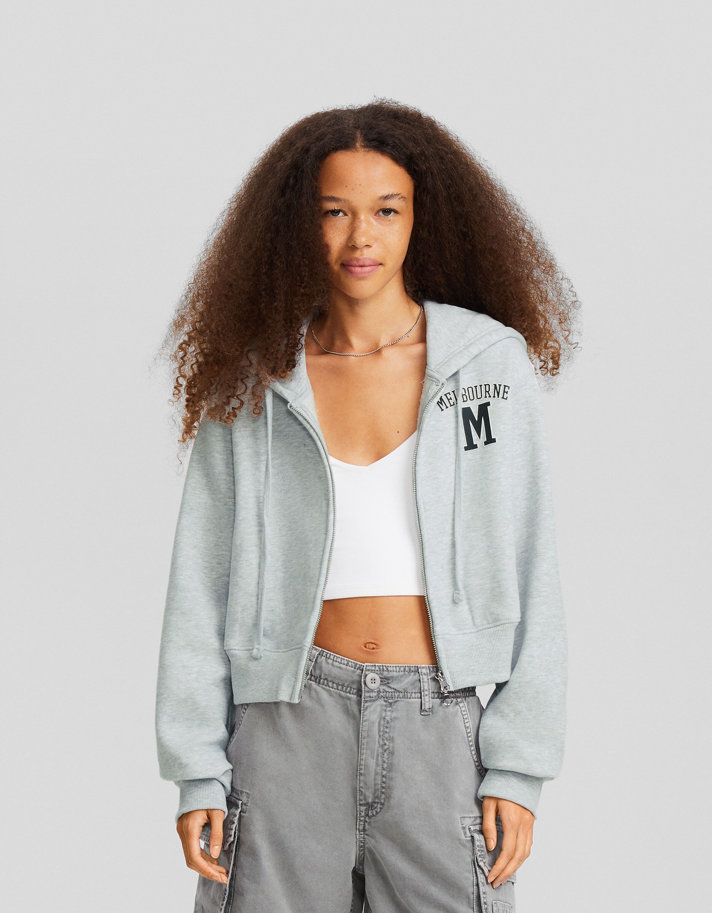 Sudadera cremallera capucha cropped print