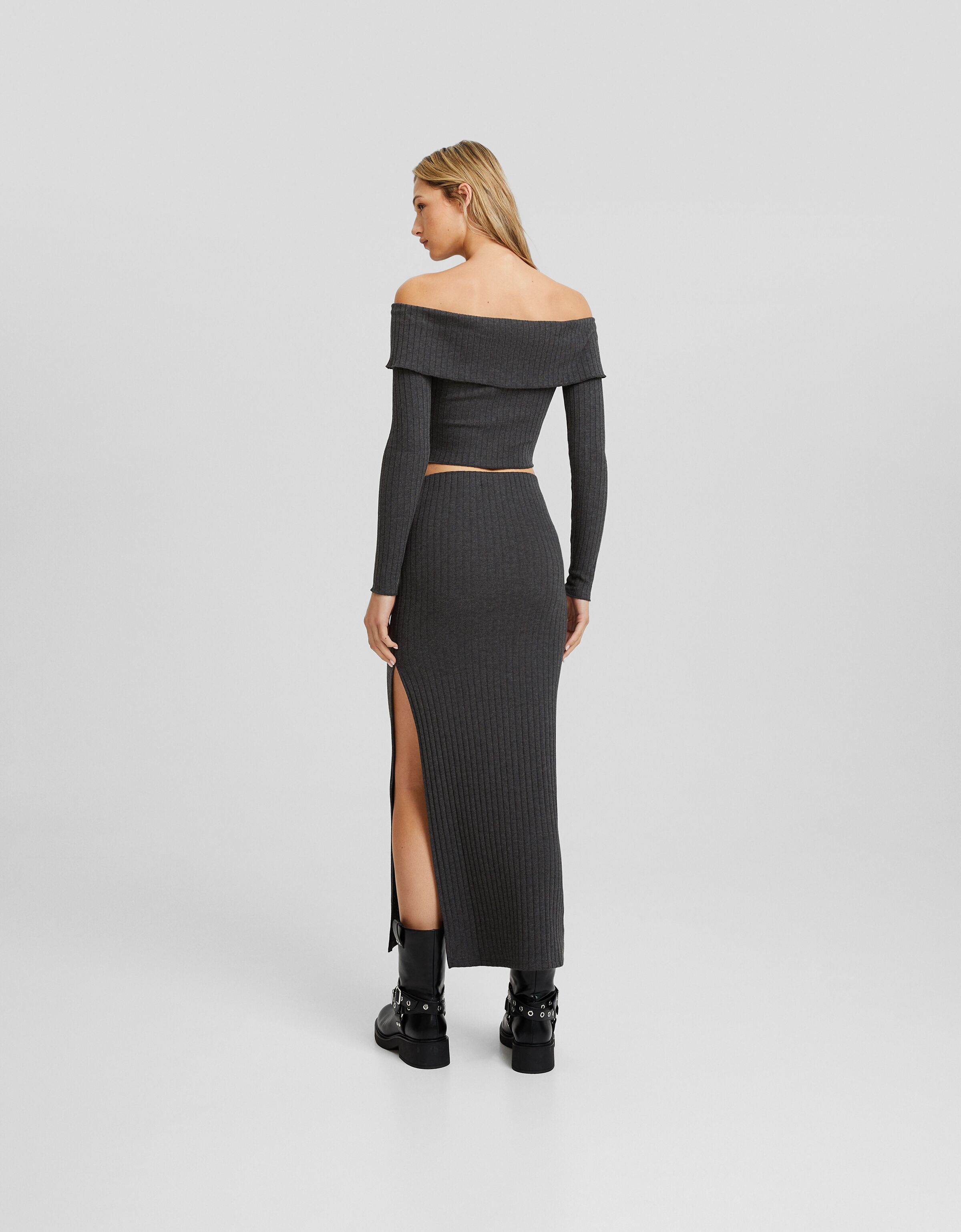 Camiseta manga larga bardot rib botones