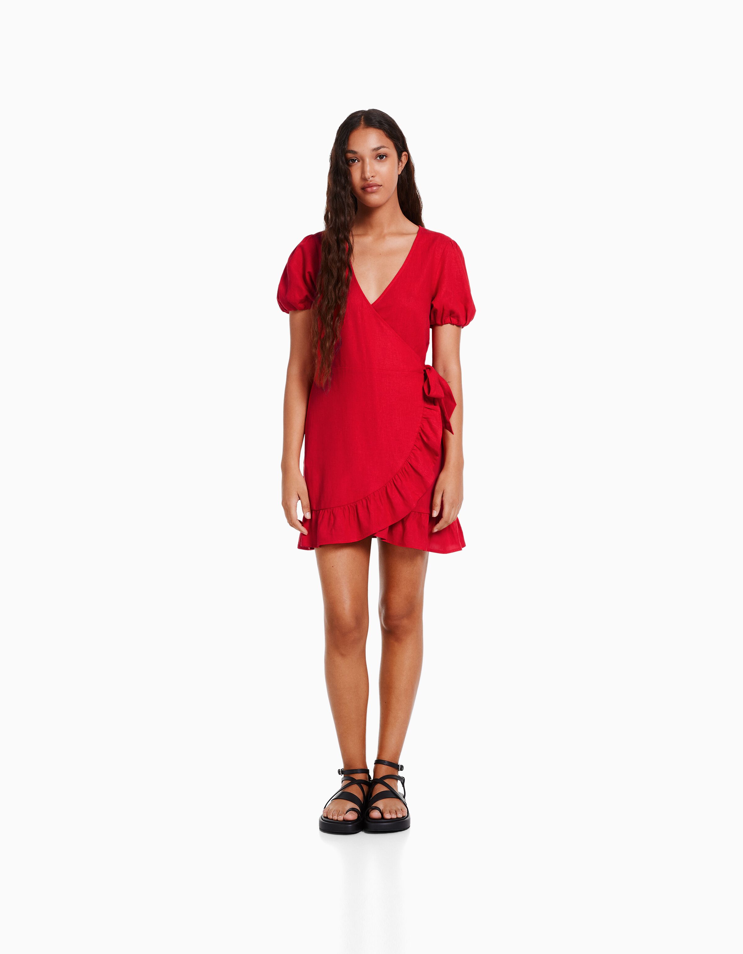 Vestido mini manga corta lino volantes