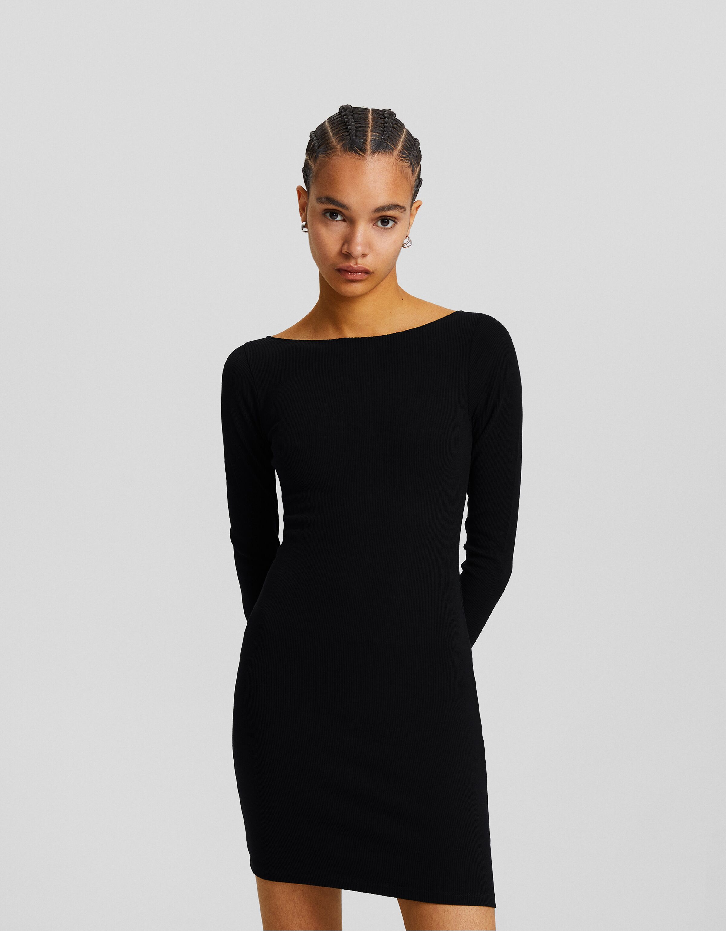 Vestido mini manga larga escote barco punto rib