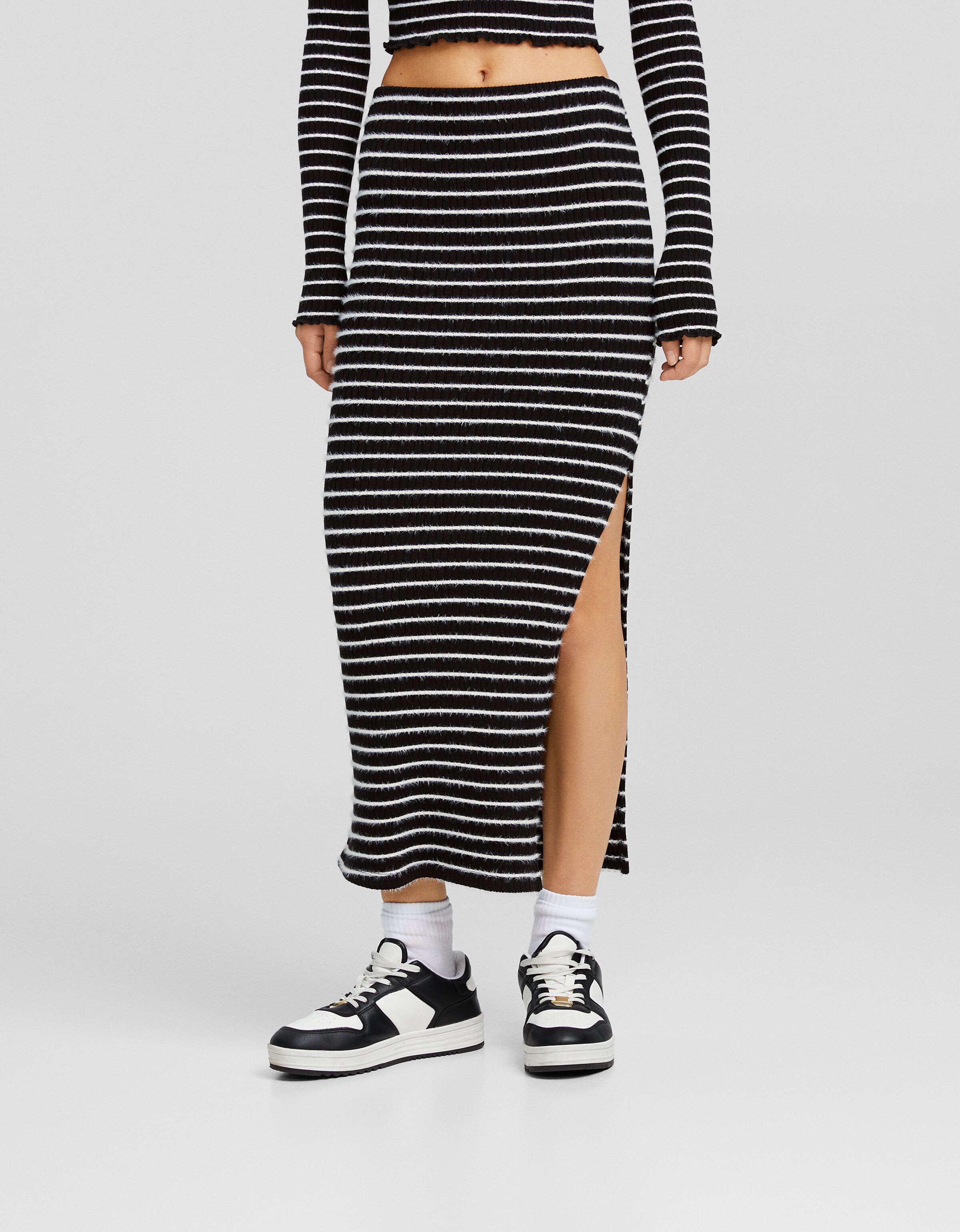 Falda midi punto rib rayas