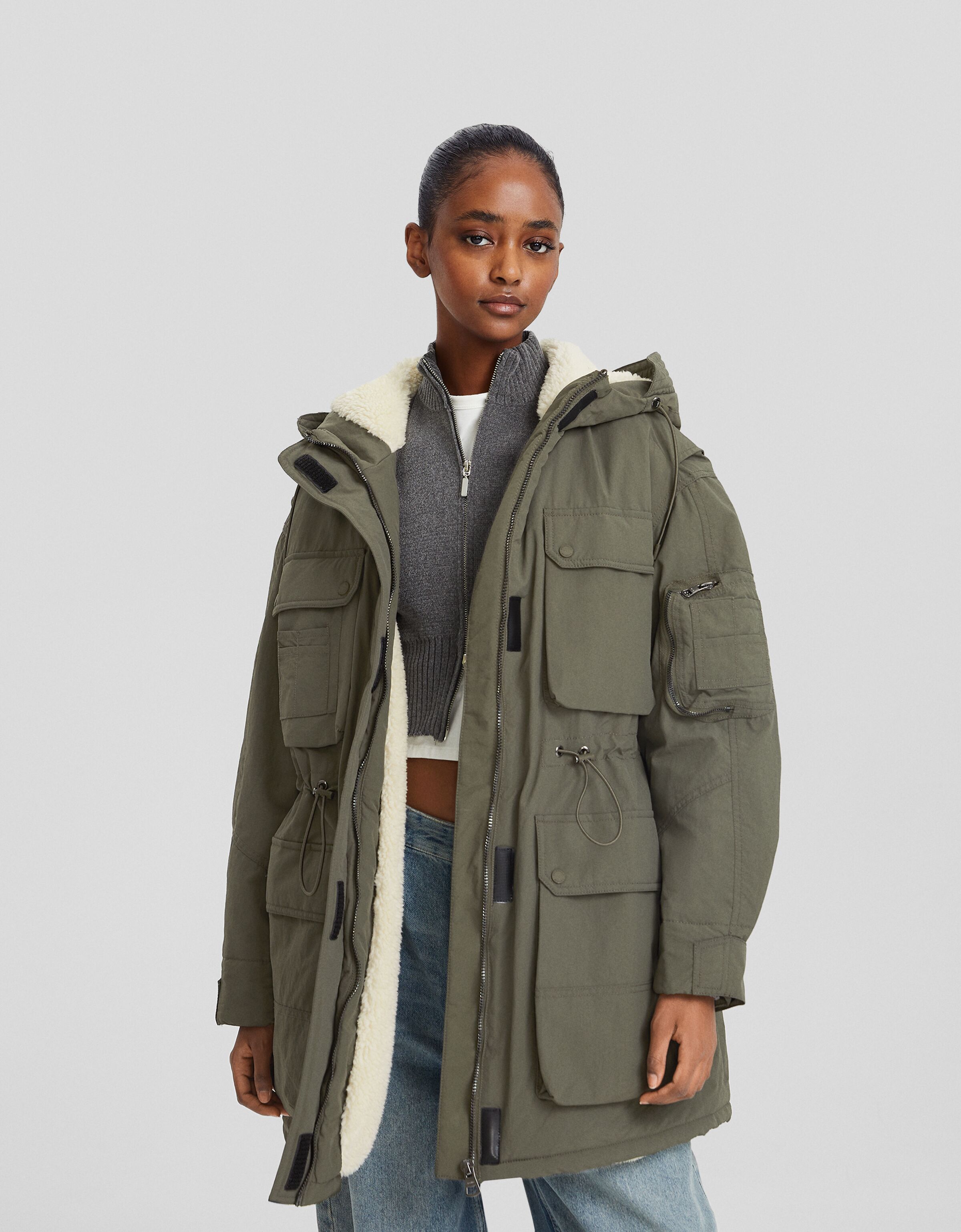 Parka larga nylon forro borreguillo