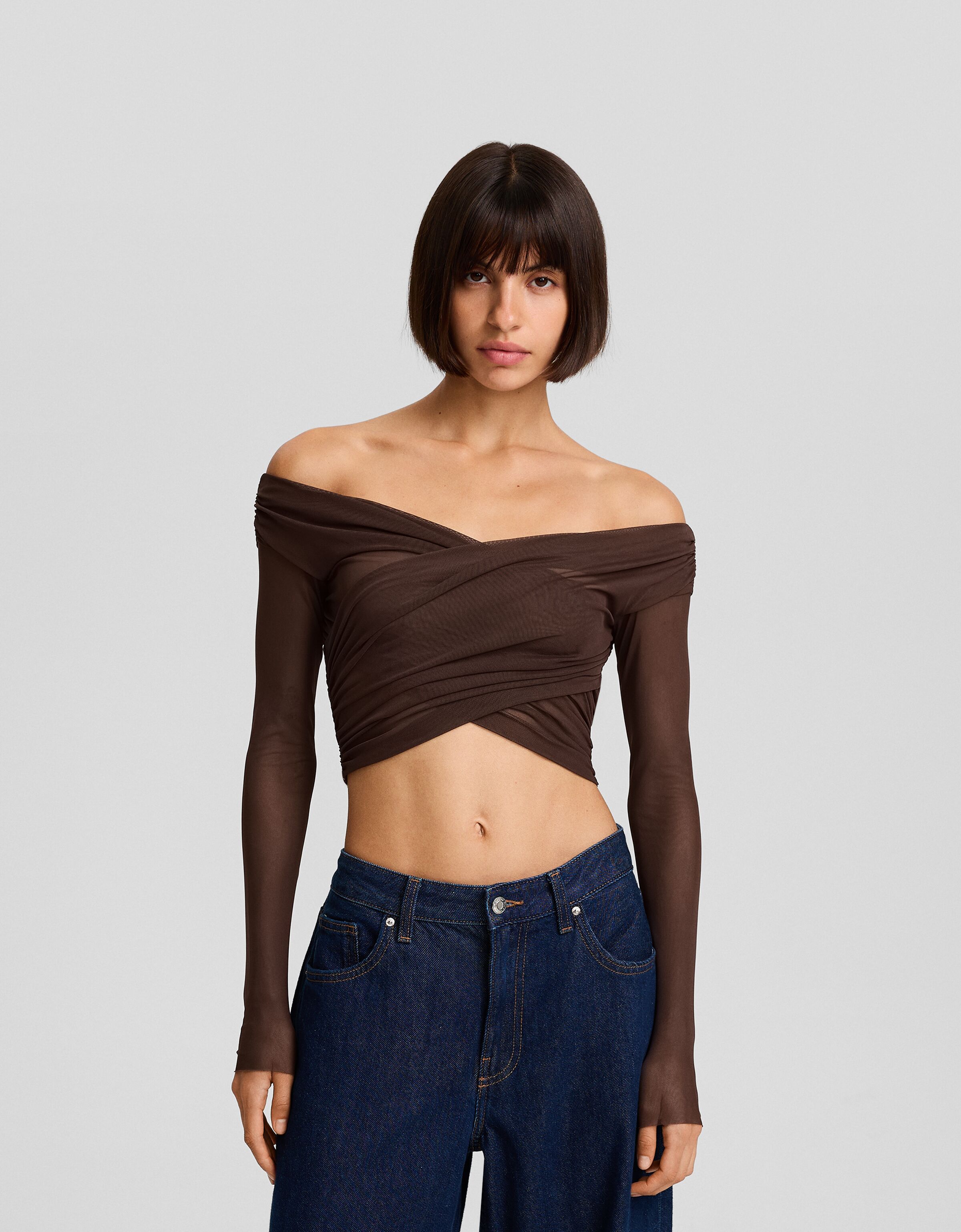 Camiseta manga larga tul drapeada cruzada