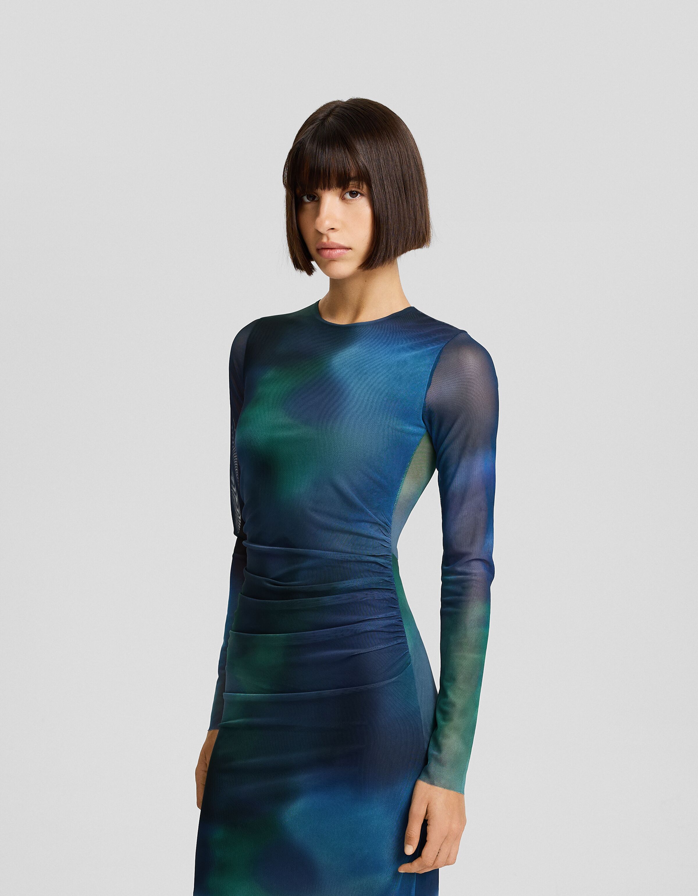 Vestido largo manga larga tul print