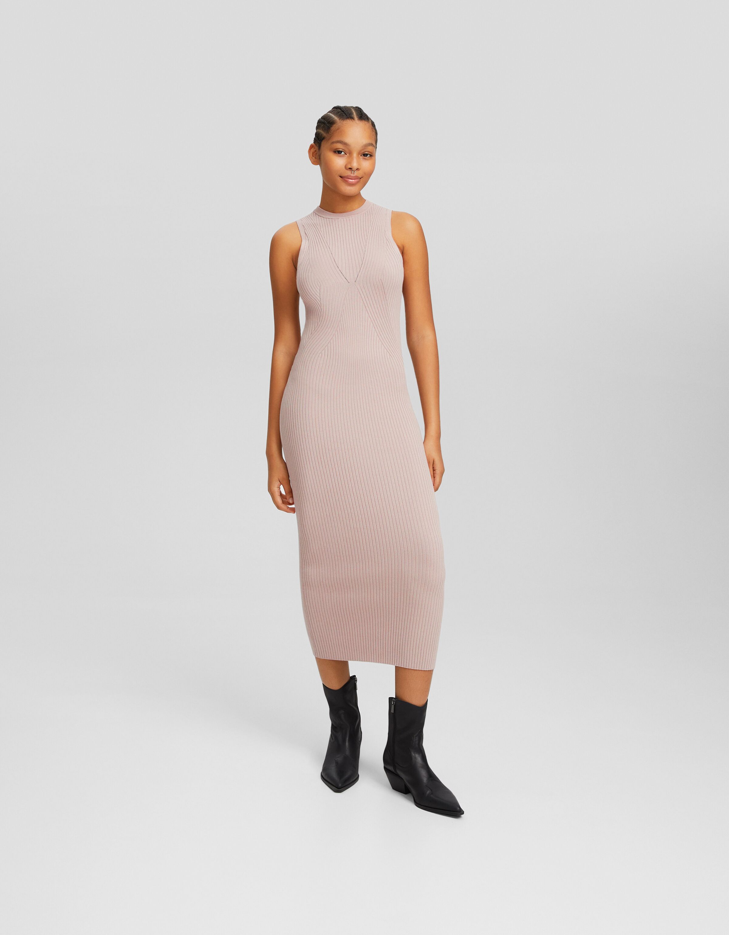 Vestido midi punto rib espalda descubierta