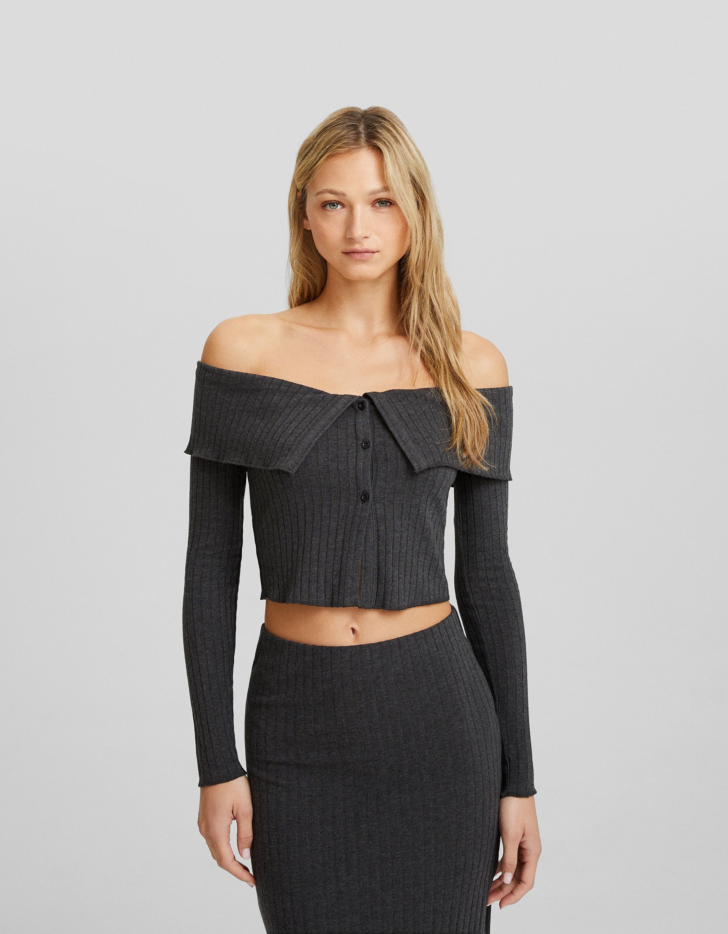 Camiseta manga larga bardot rib botones