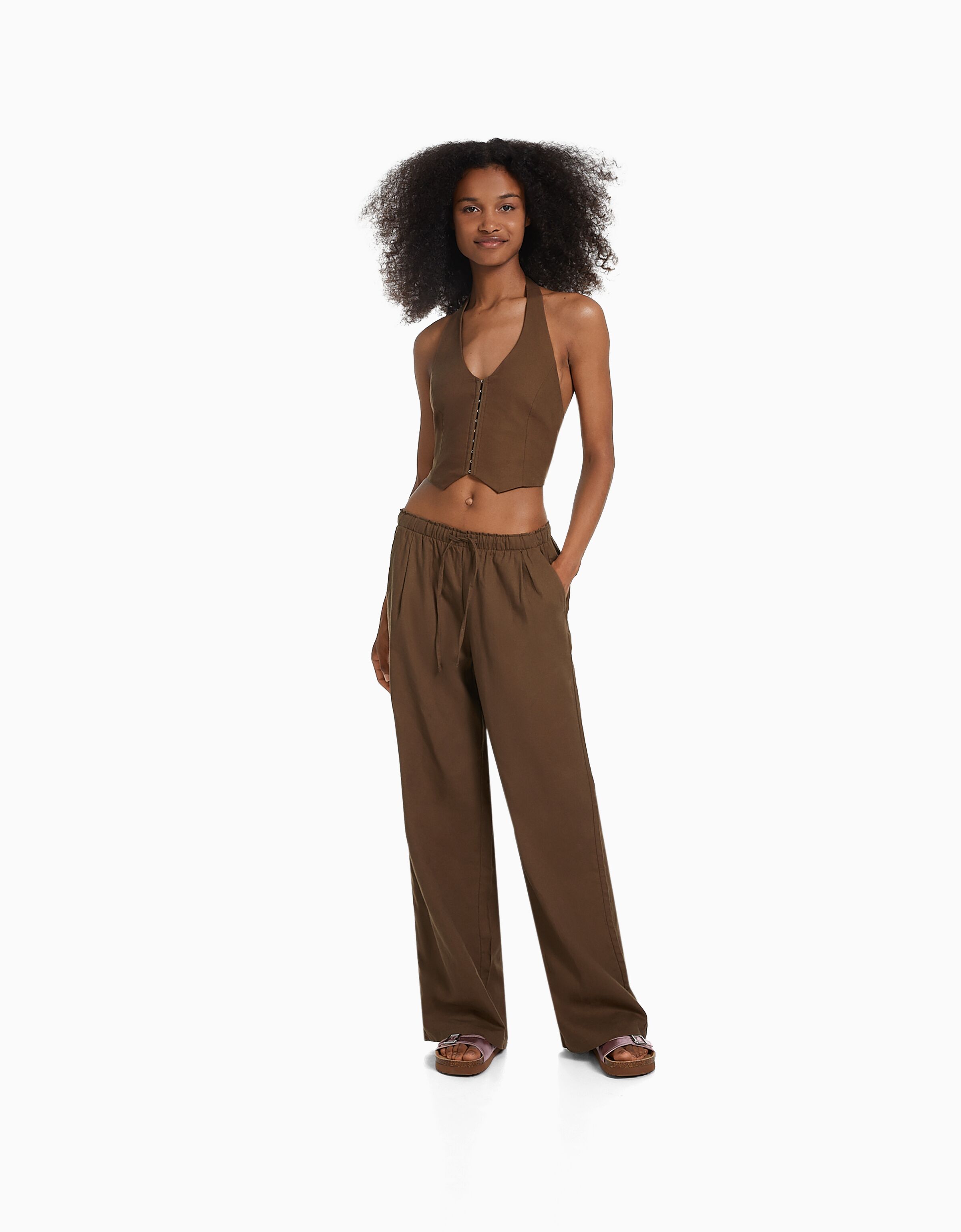 Pantalón wide leg con lino cintura frunce