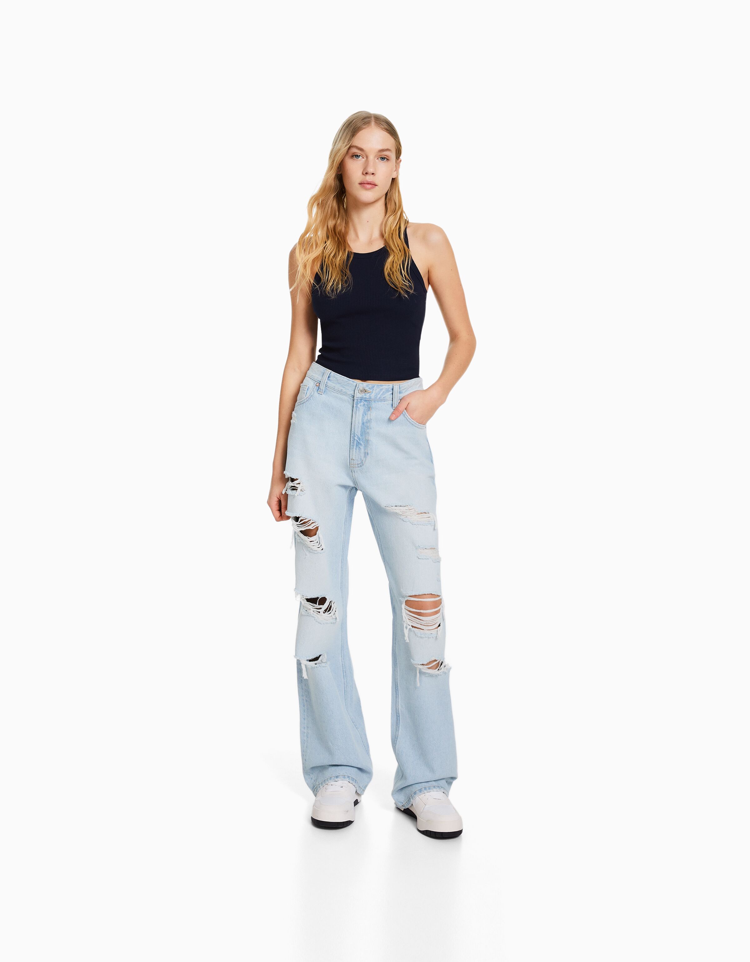 Jeans 90's wide leg efecto lavado rotos