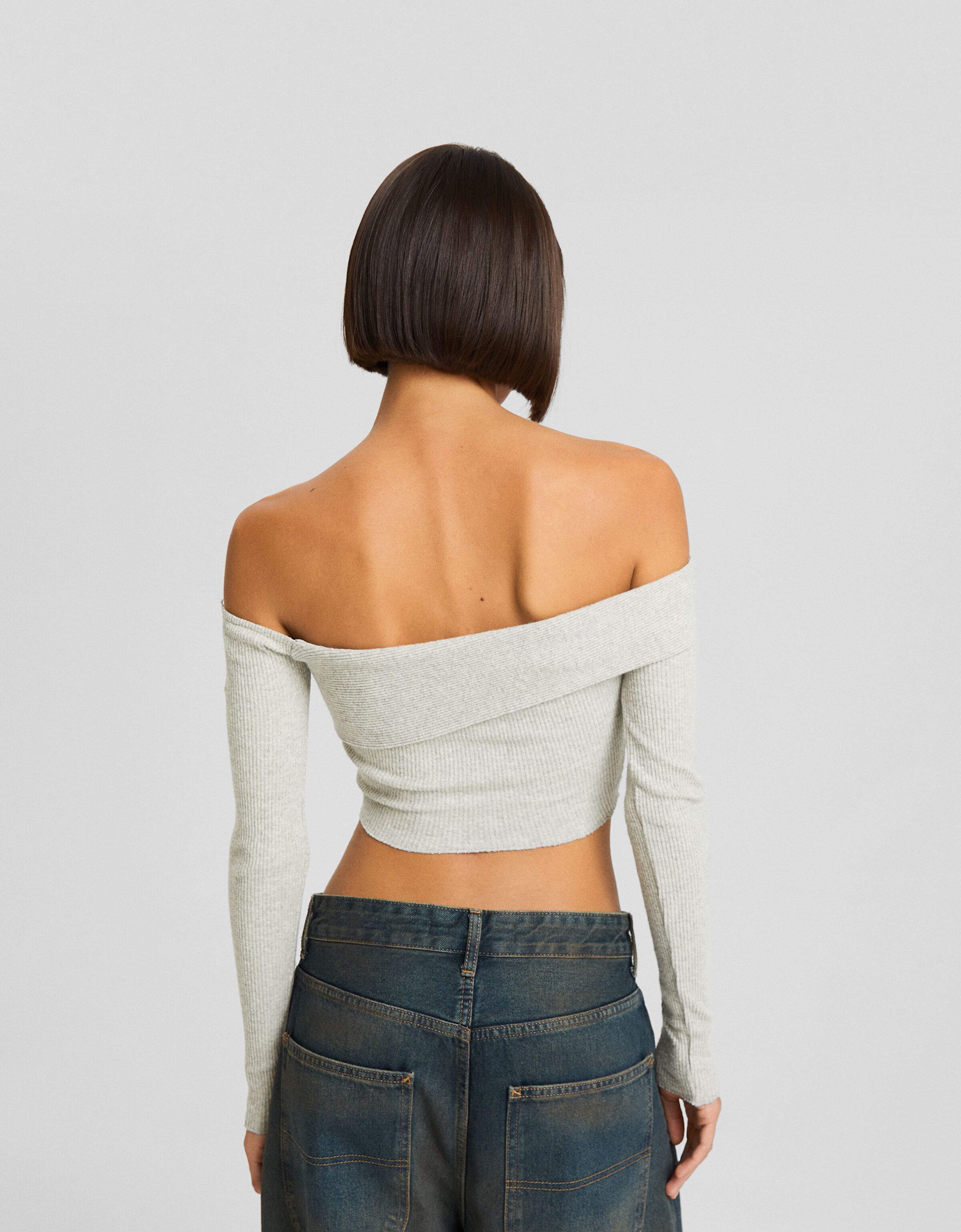 Camiseta manga larga bardot punto asimétrica