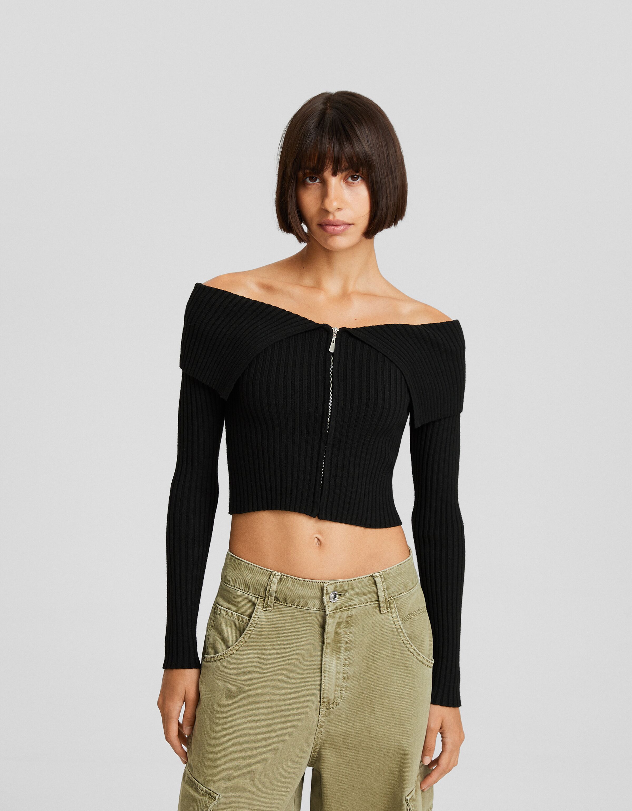 Cárdigan cremallera cuello bardot