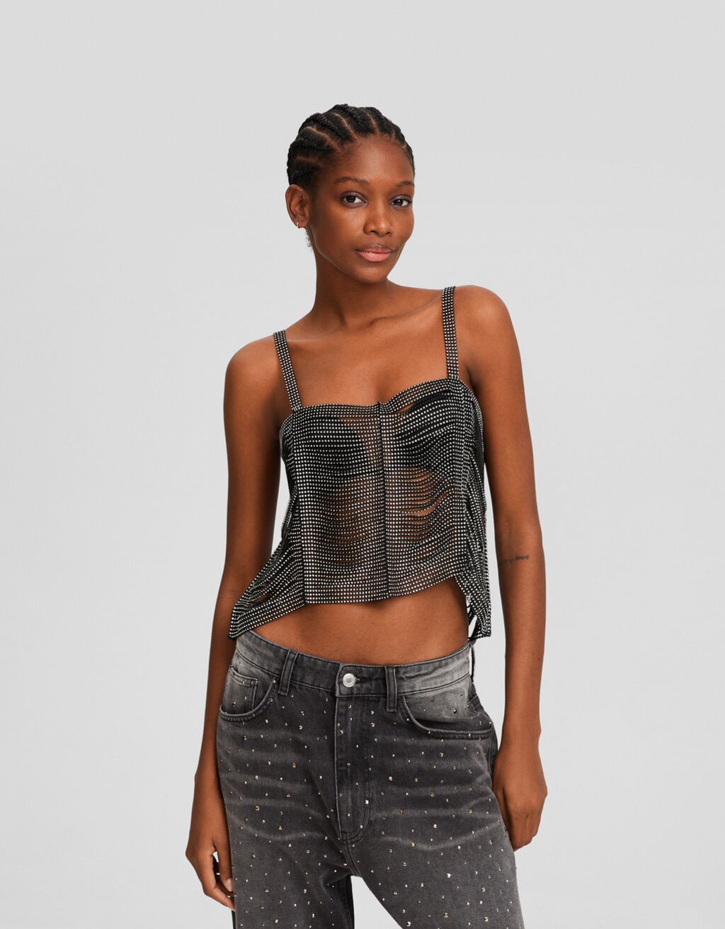 Top cropped tirantes strass