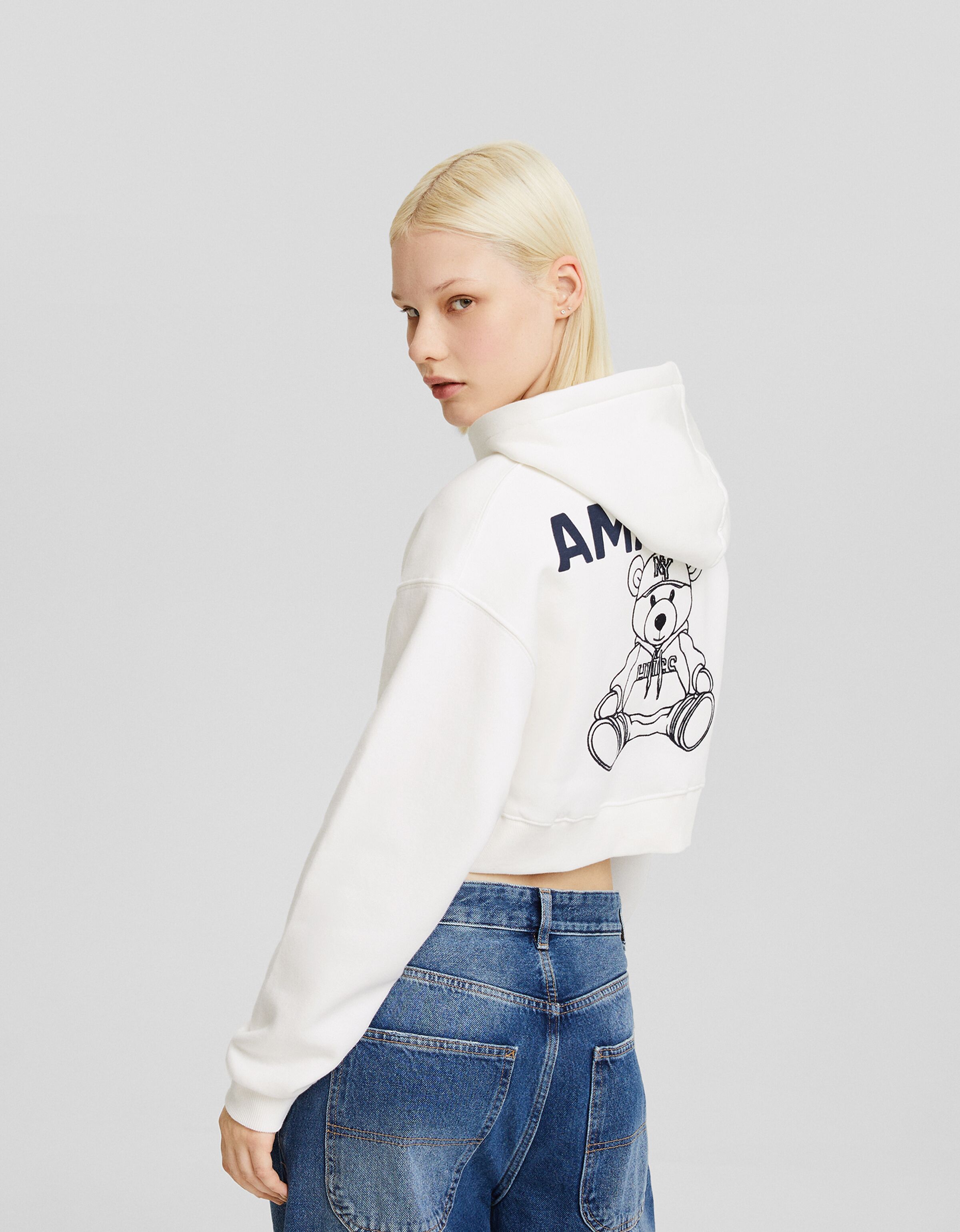 Sudadera cremallera capucha cropped print