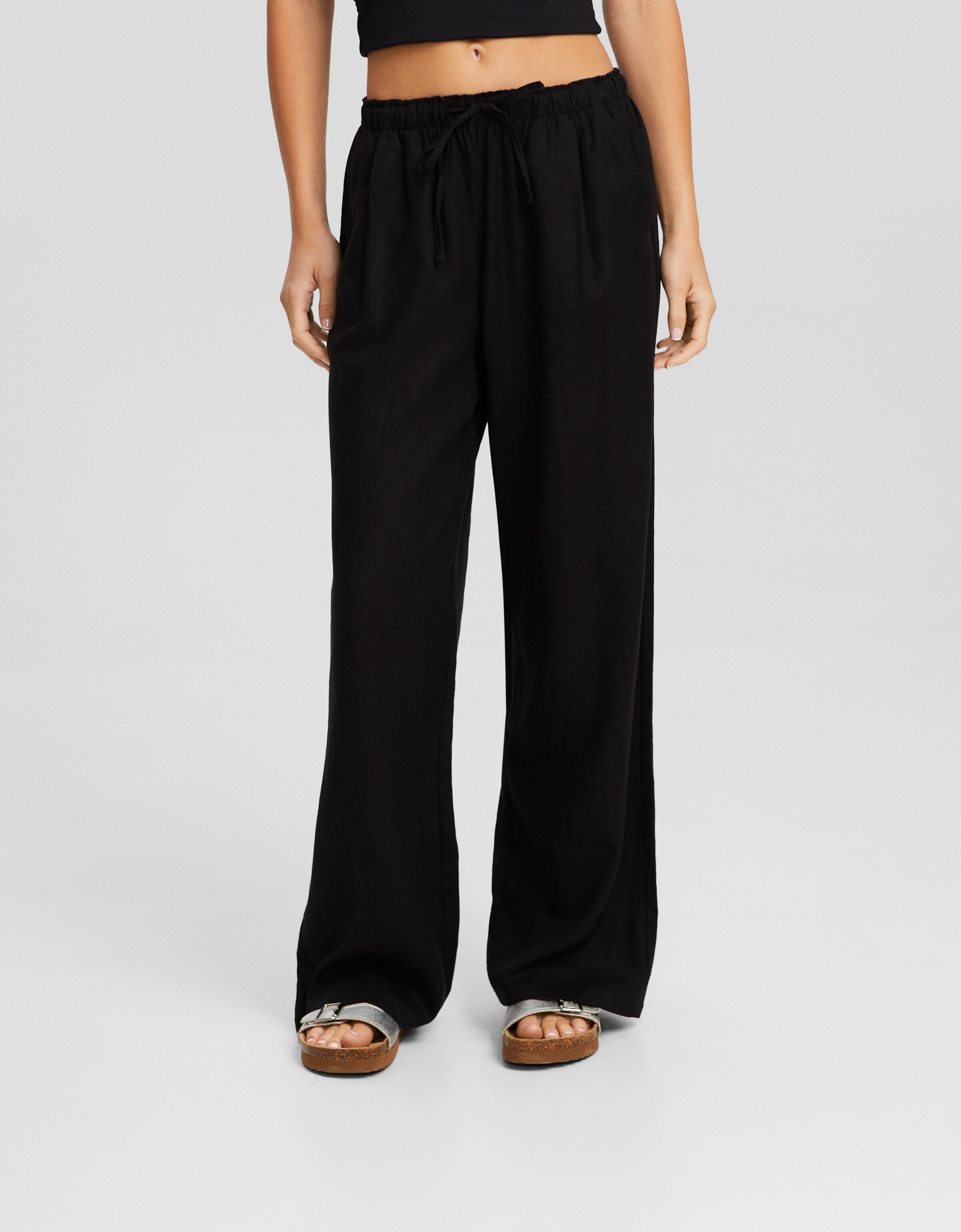 Pantalón wide leg con lino cintura frunce