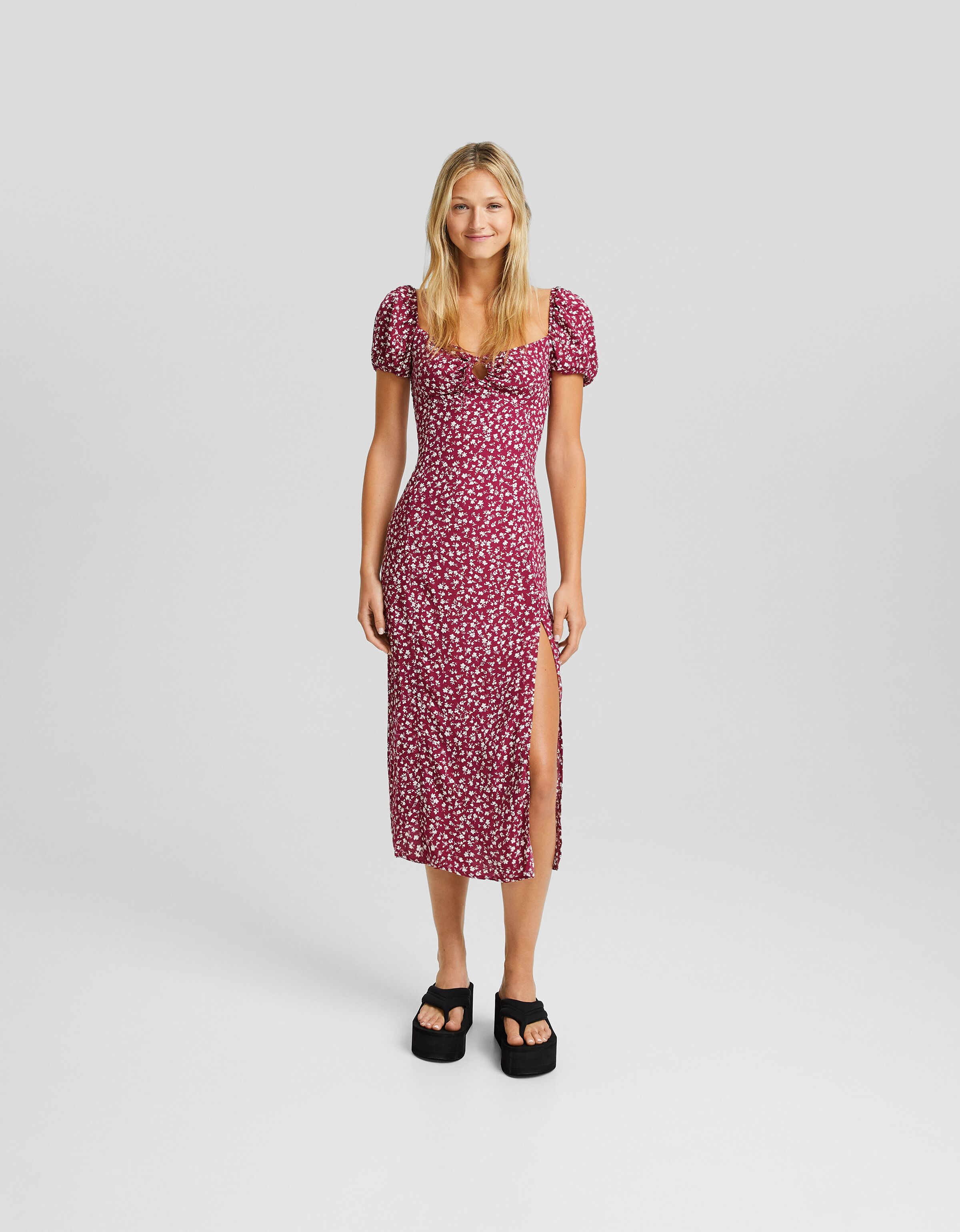 Vestido midi manga corta escote lazada