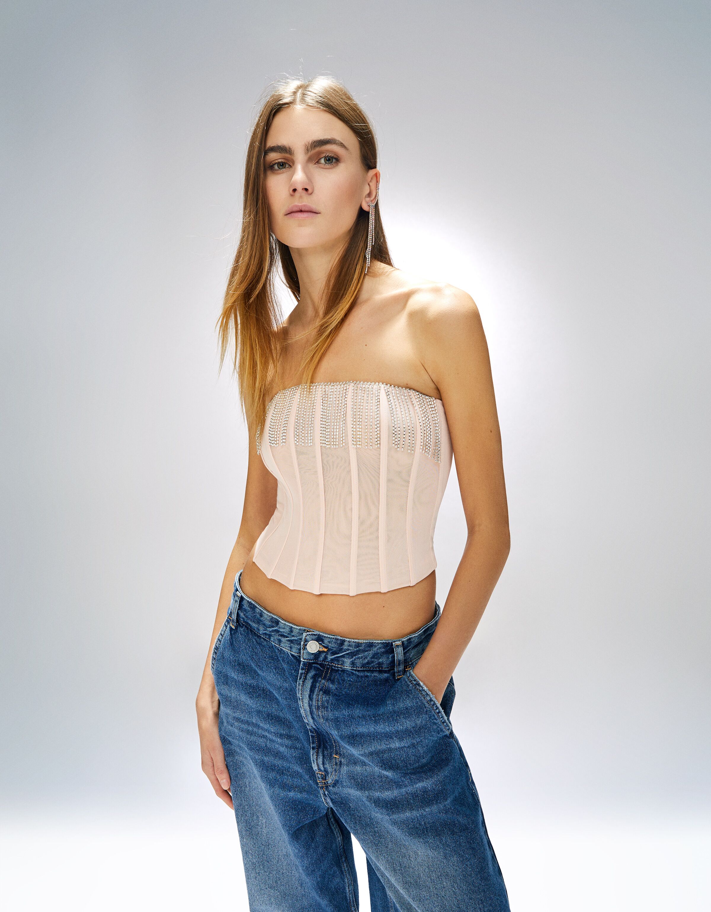 Top corsé tul flecos strass