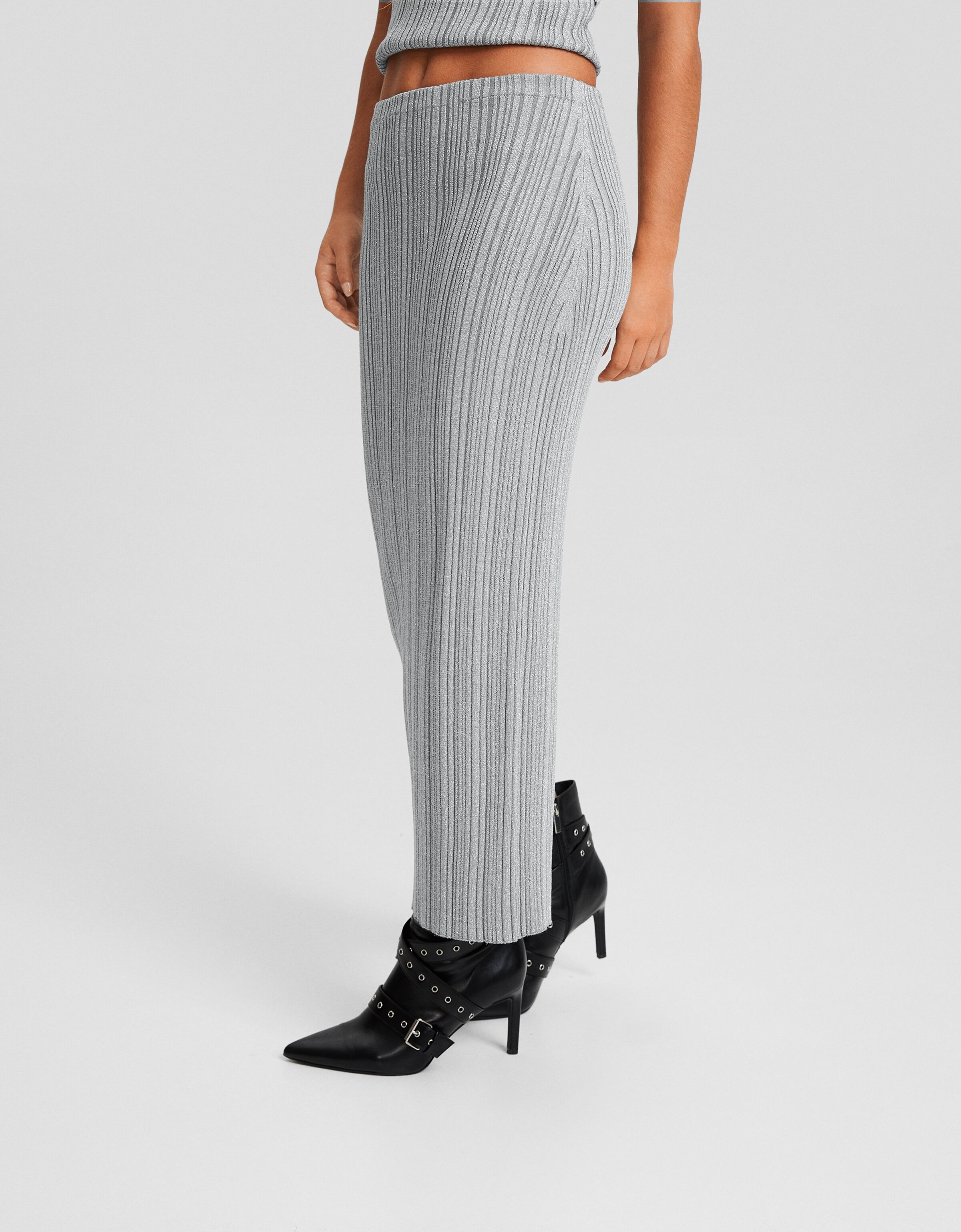 Falda midi punto rib brillo