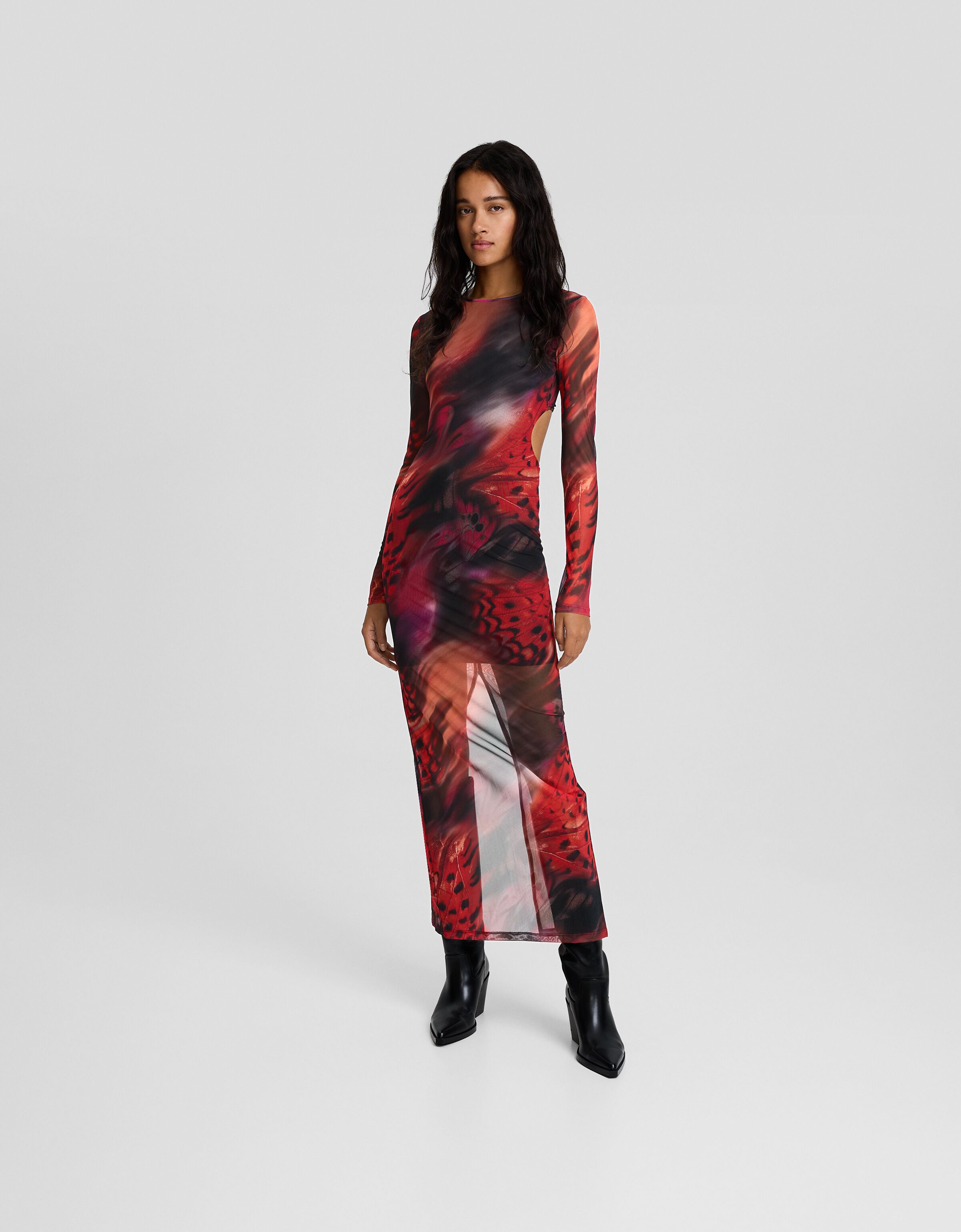 Vestido largo manga larga tul print