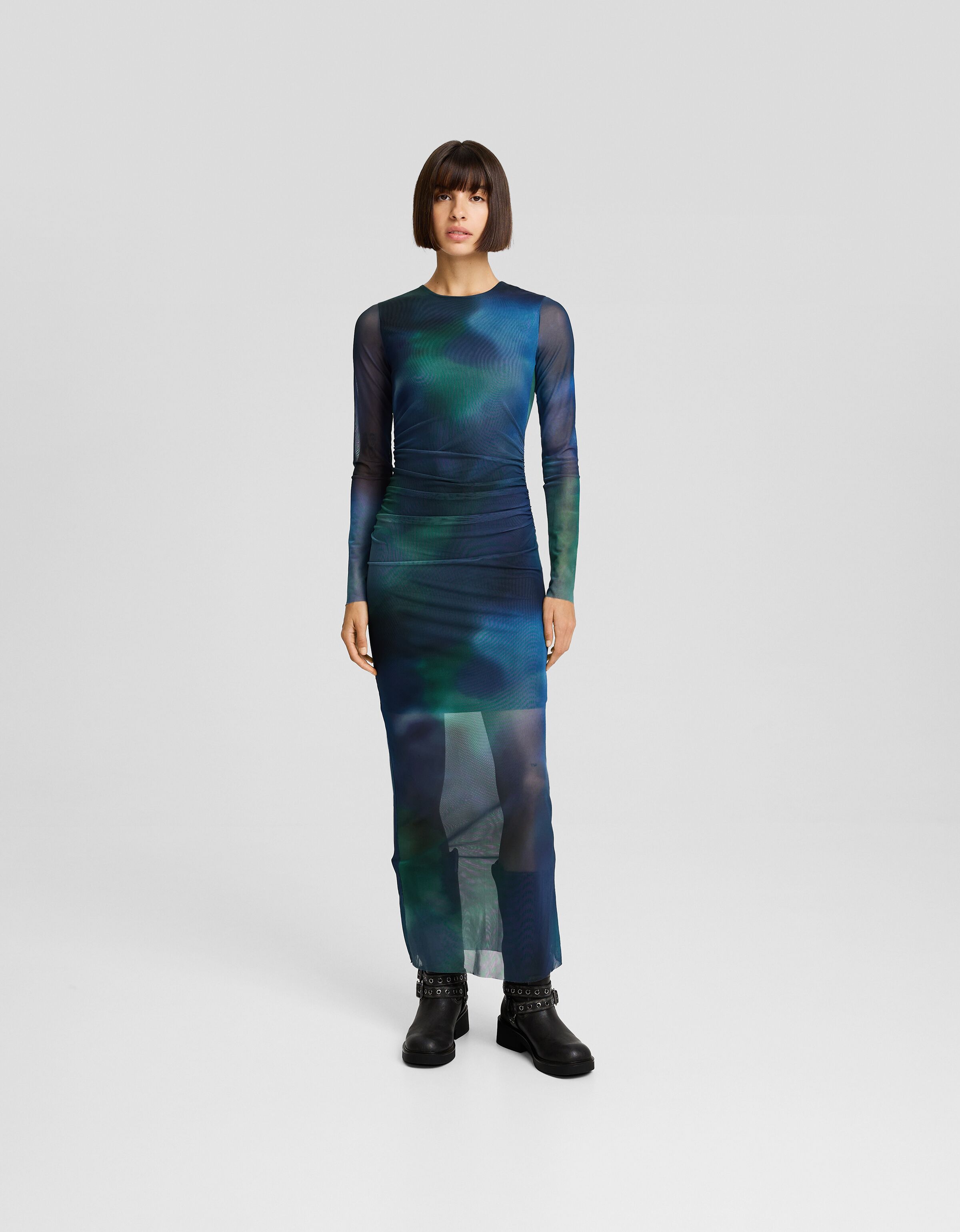 Vestido largo manga larga tul print