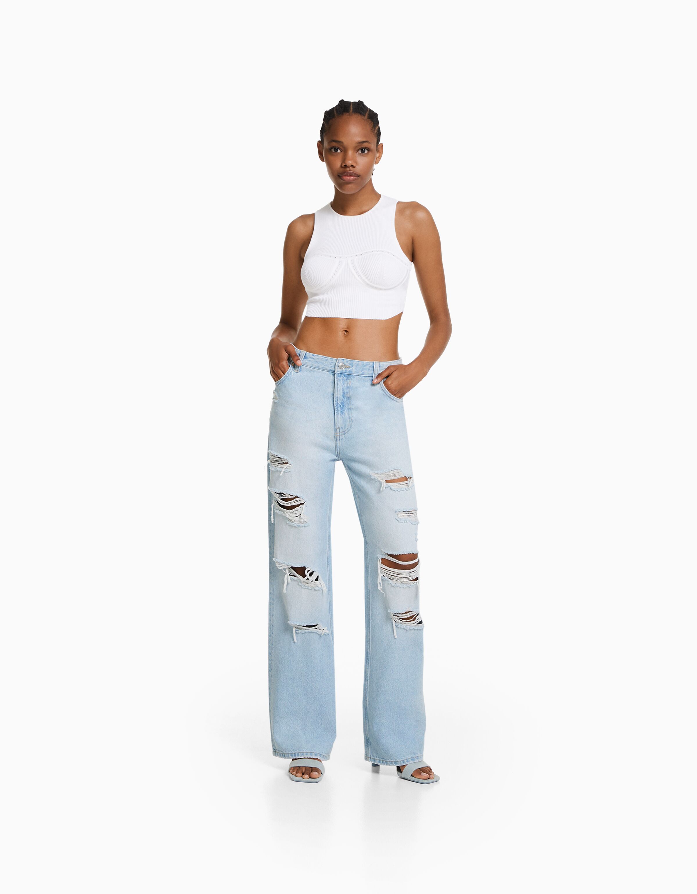 Jeans 90's wide leg efecto lavado rotos