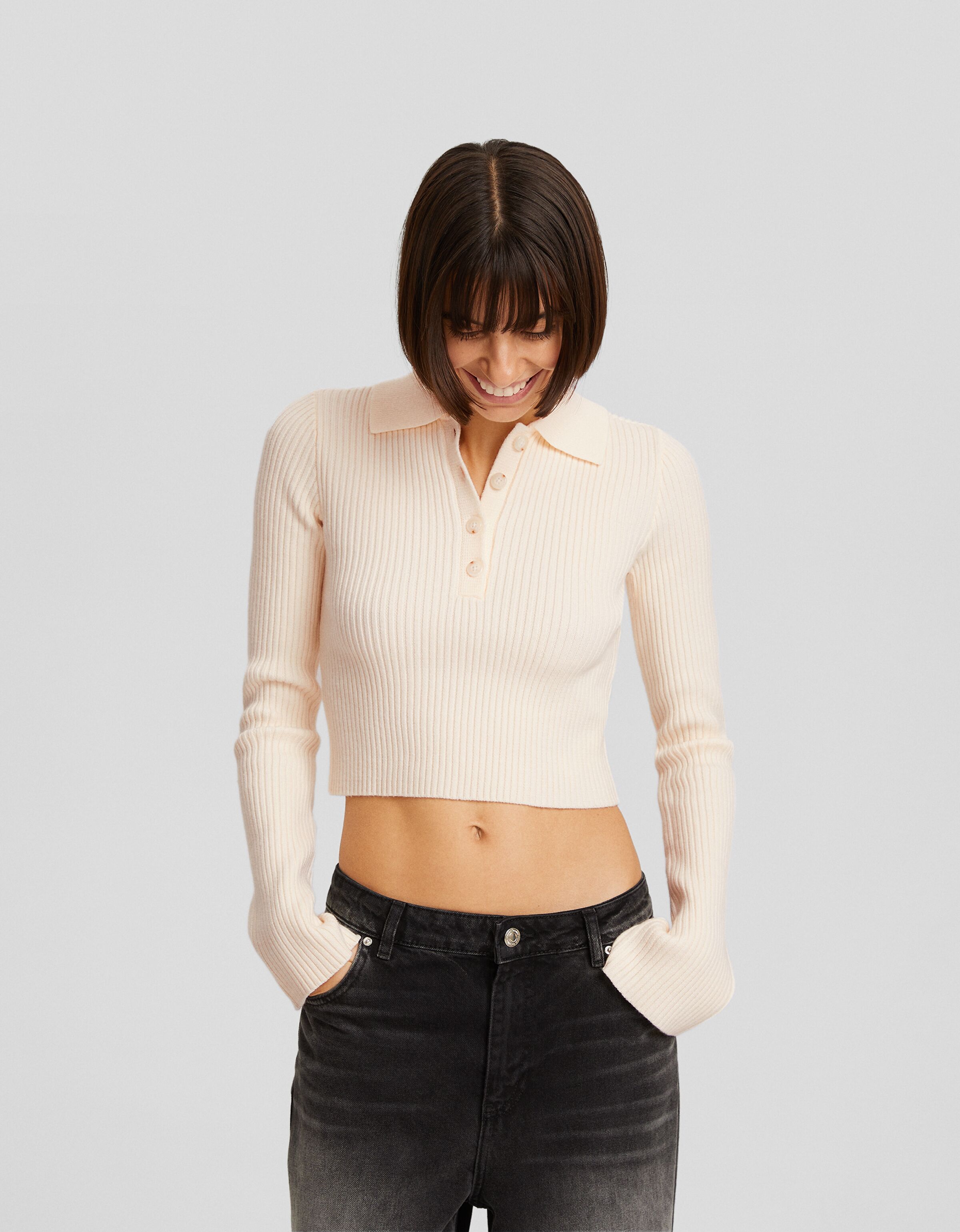 Jersey manga larga cuello polo cropped botones