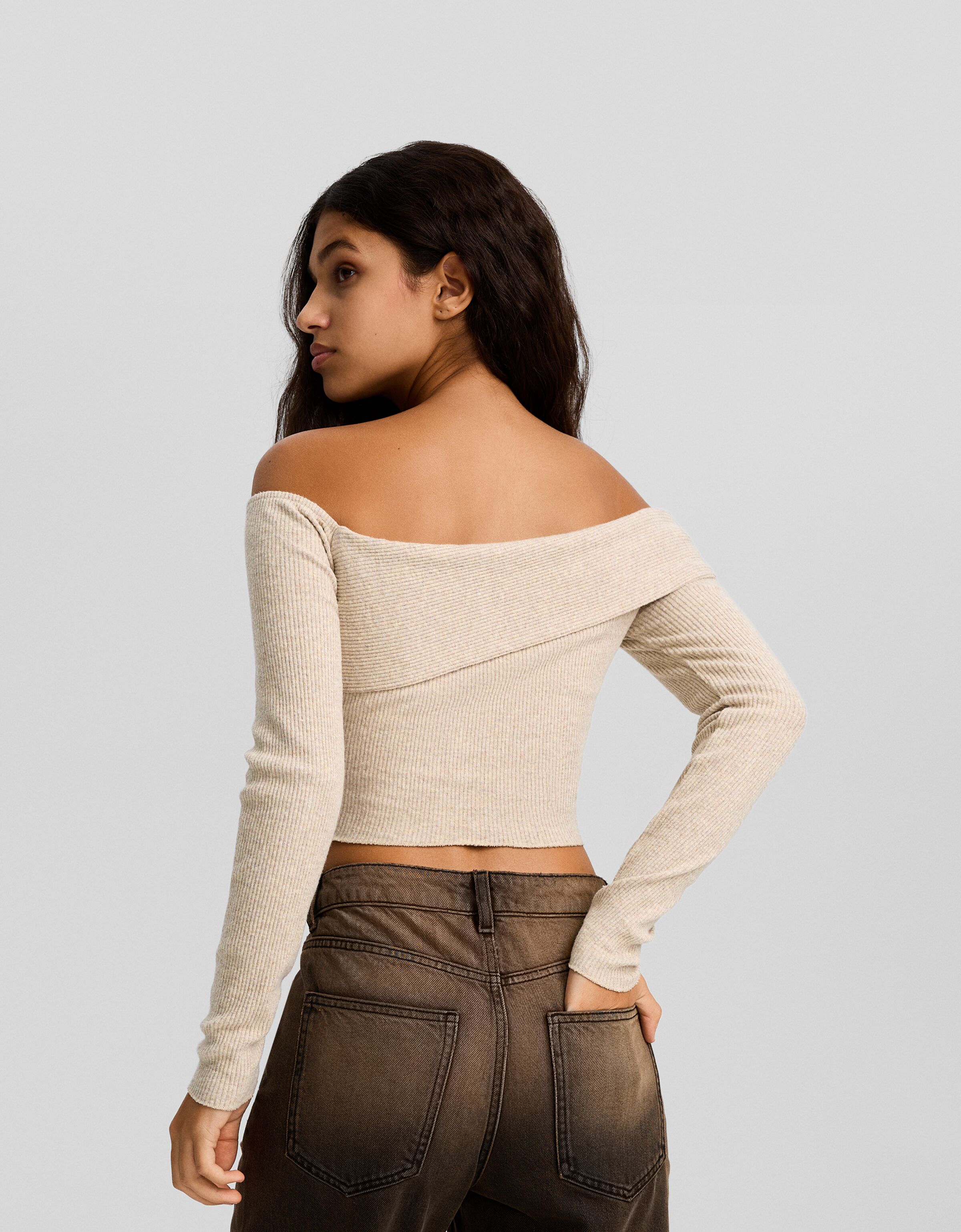 Camiseta manga larga bardot punto asimétrica