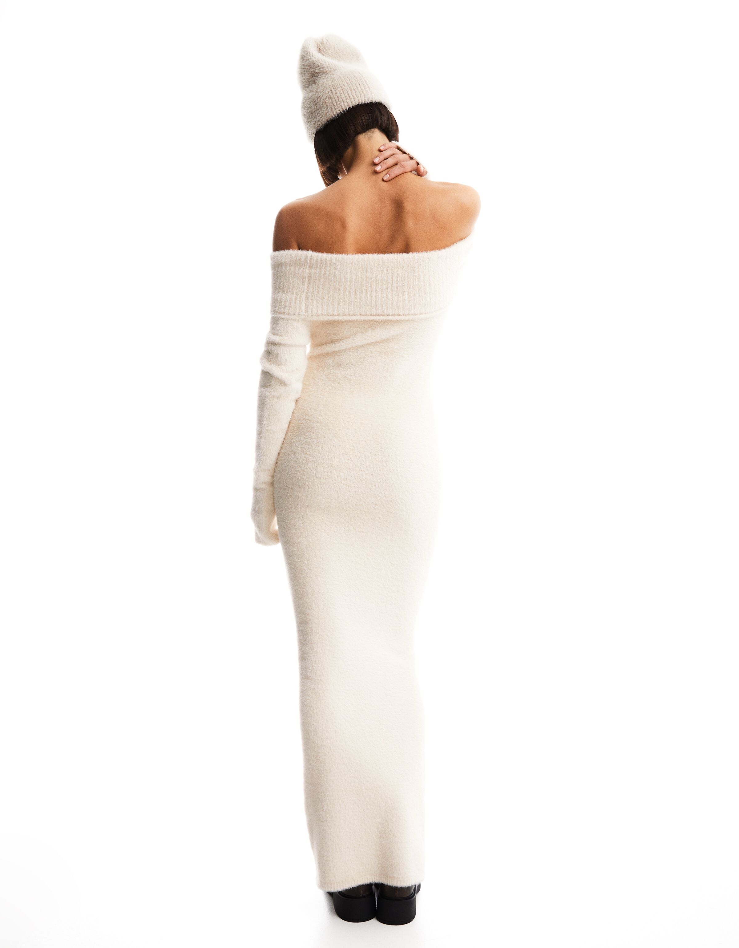 Vestido midi manga larga bardot fuzzy