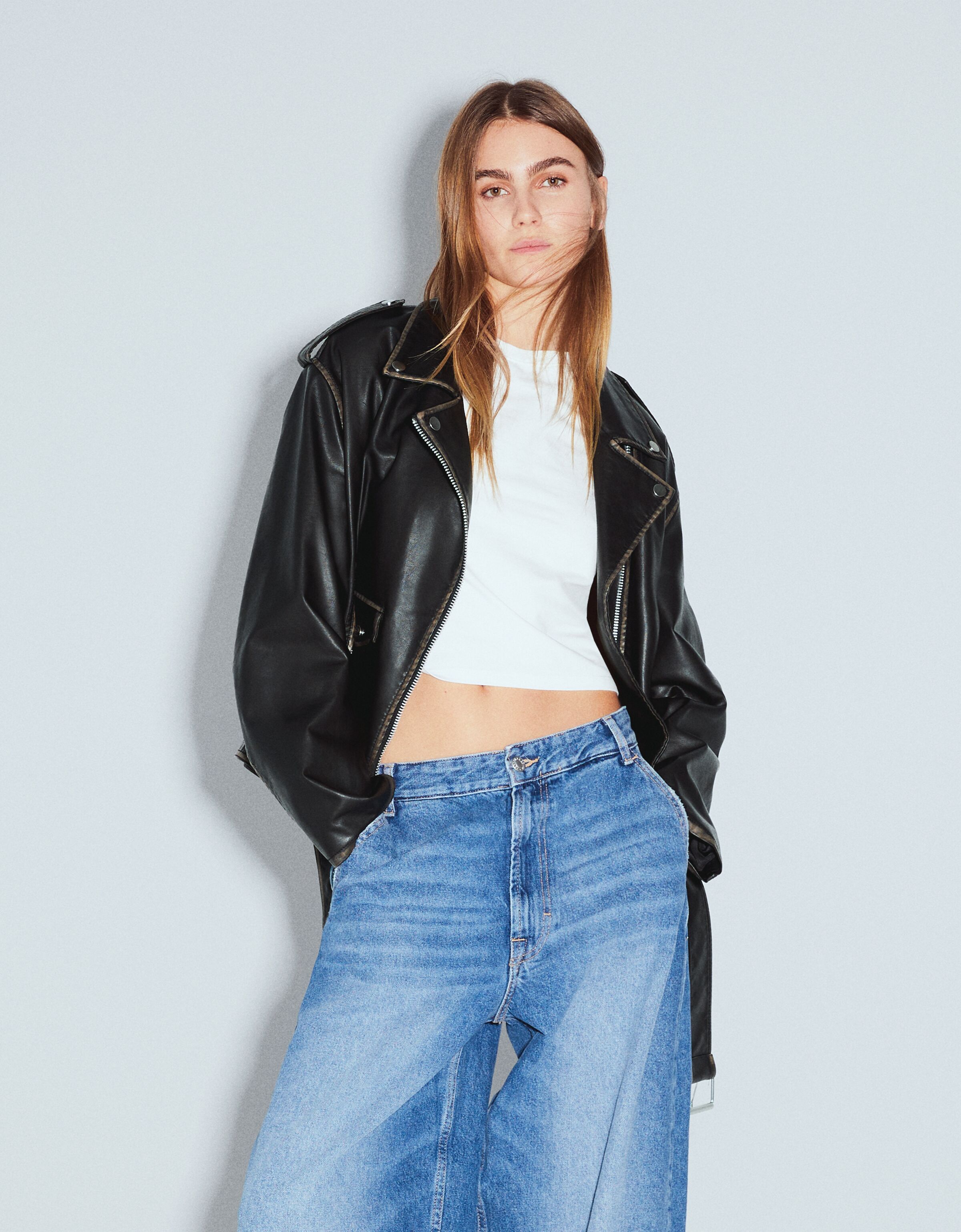 Cazadora biker efecto piel desgastada