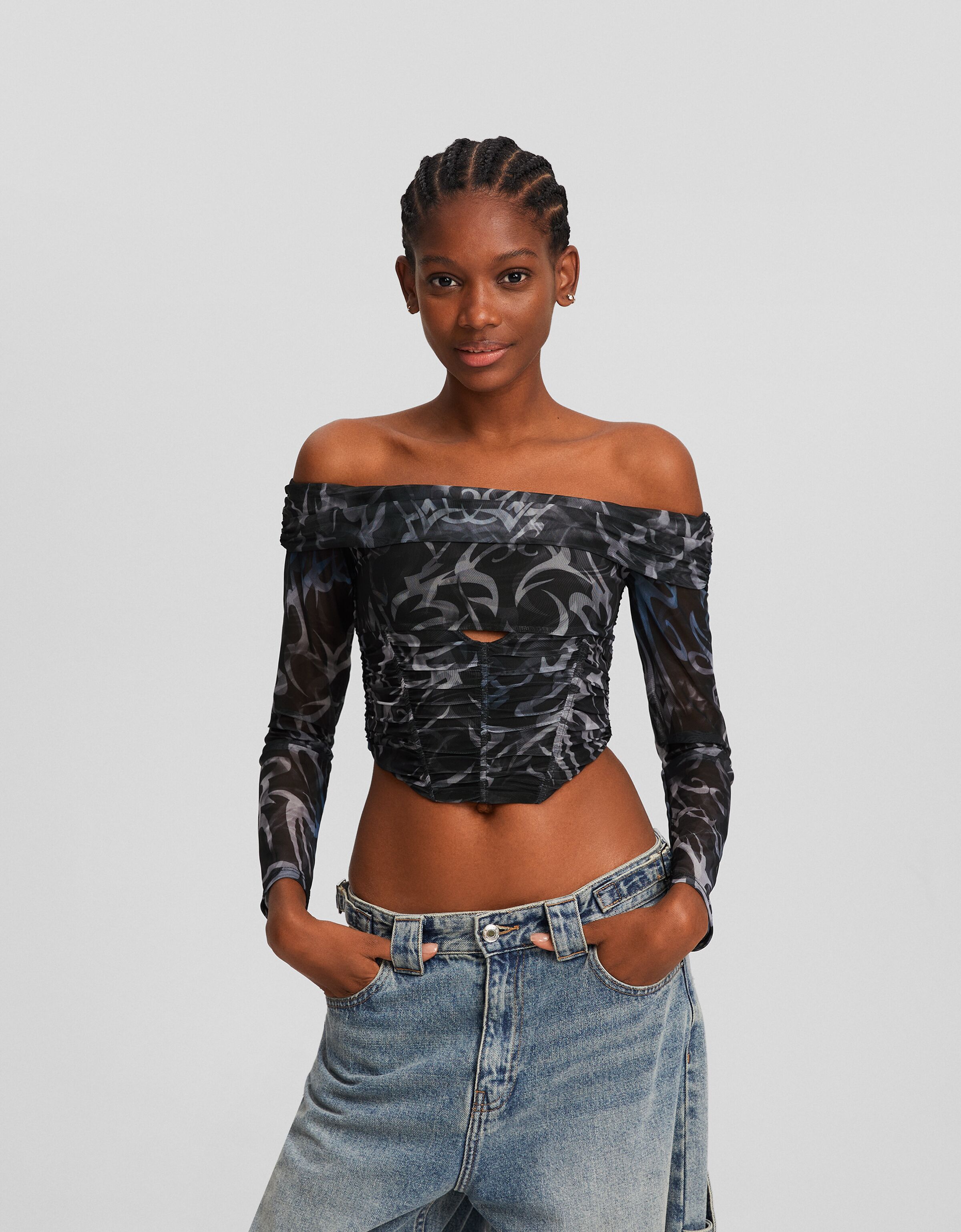 Camiseta corsé manga larga tul cut out print